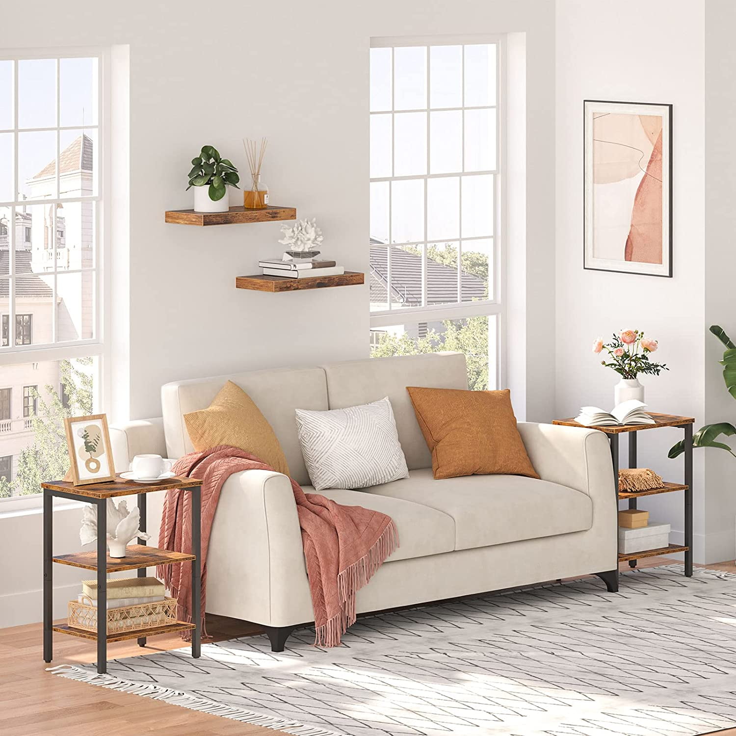 HOOBRO End Tables Metal Frame Set of 2 Sofa Tables with 3-Layer Storage Shelves Living Room Home Office Rustic Brown BF13BZ01 - Image 2