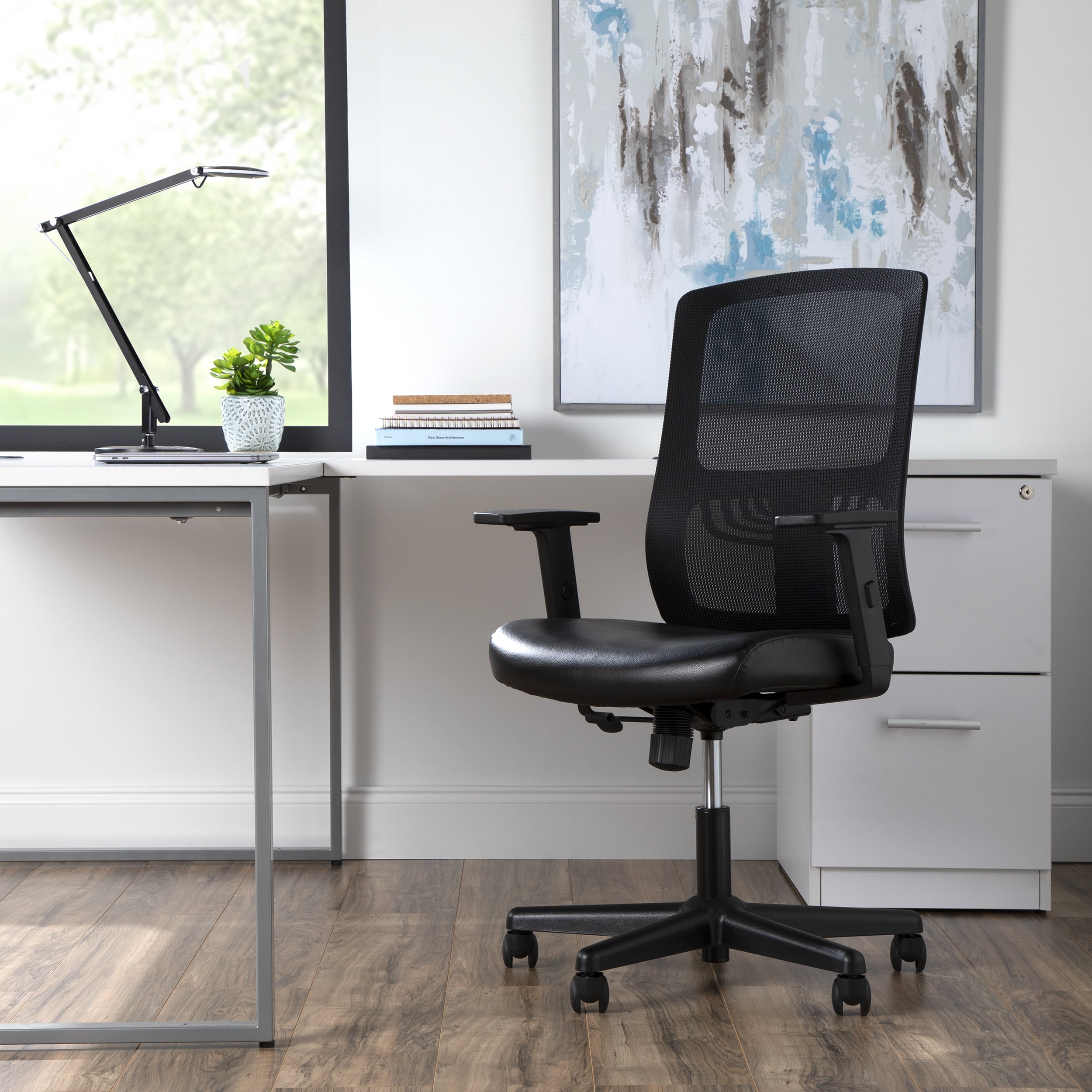 OFM Essentials Collection Mid Back Mesh Back with Leather Seat Office Chair, Lumbar Support, in Black (ESS-3048-BLK) - Image 2