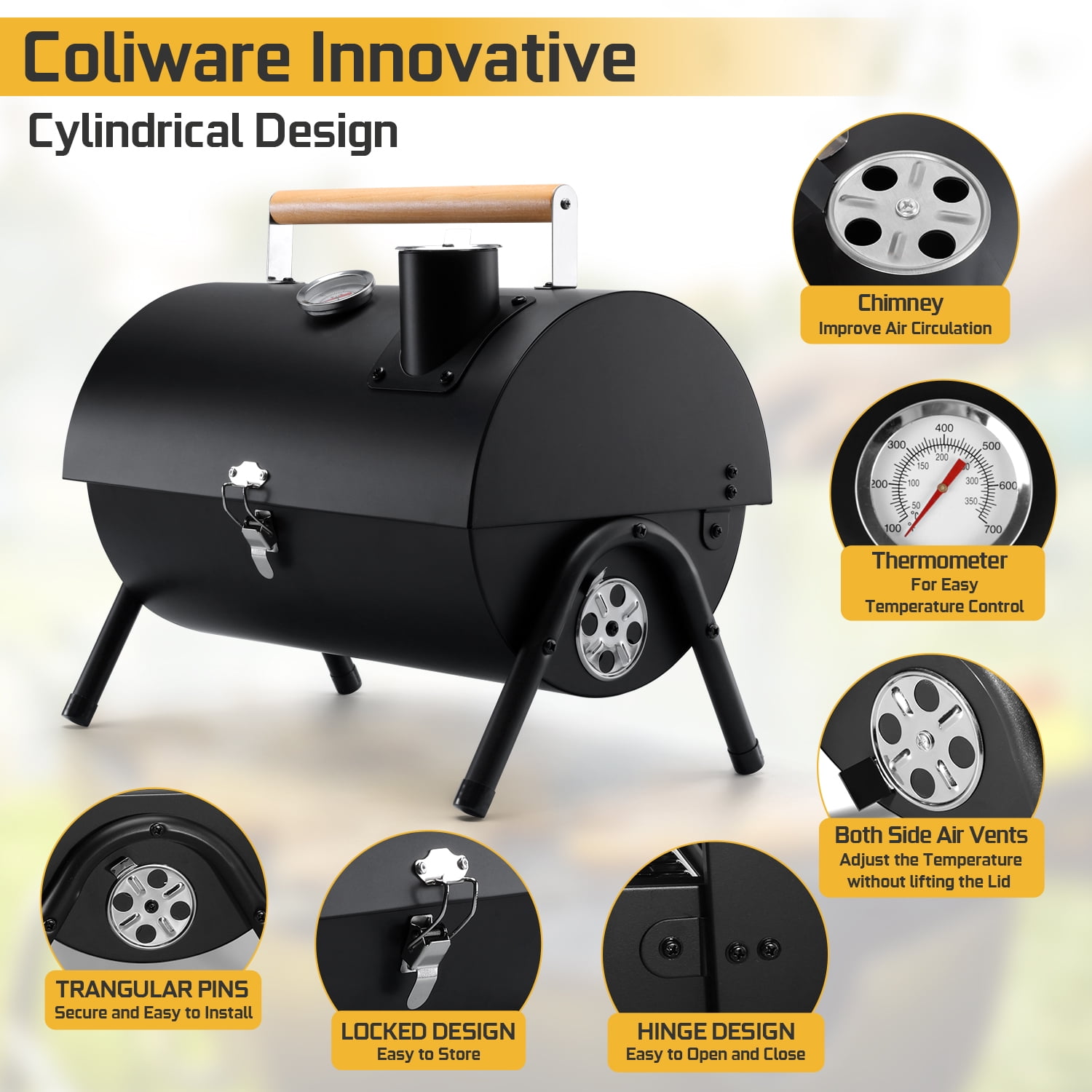Coliware Portable Outdoor Tabletop Charcoal Grill with accessories tools, Multi-functional Barbecue Smoker for Backyard Camping Picnics Beach, Compact & Heavy Duty - Image 4