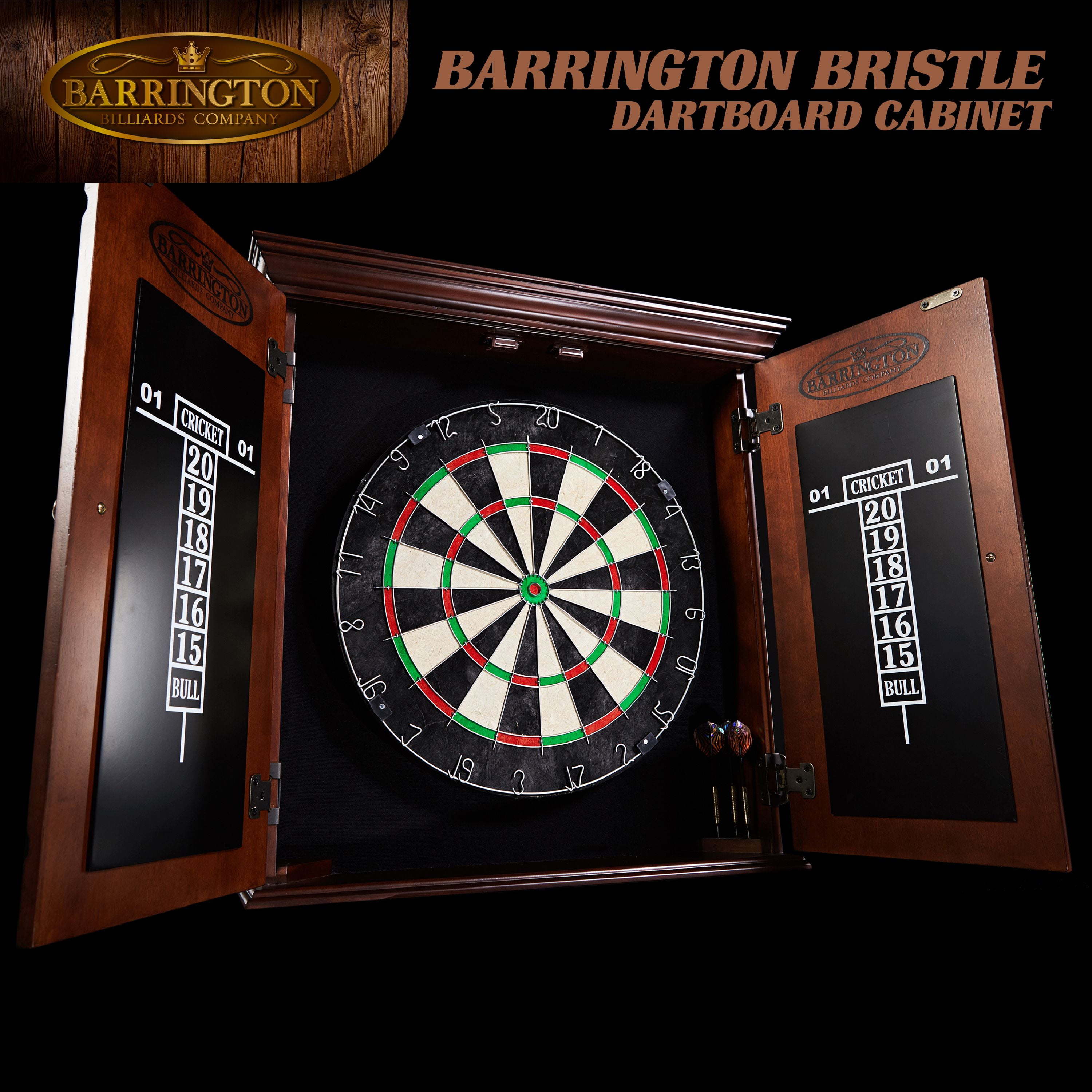Chatham Wood Dartboard Cabinet with 18” Bristle Dartboard and Steel Tip Dart Set by Barrington Billiards - Image 6