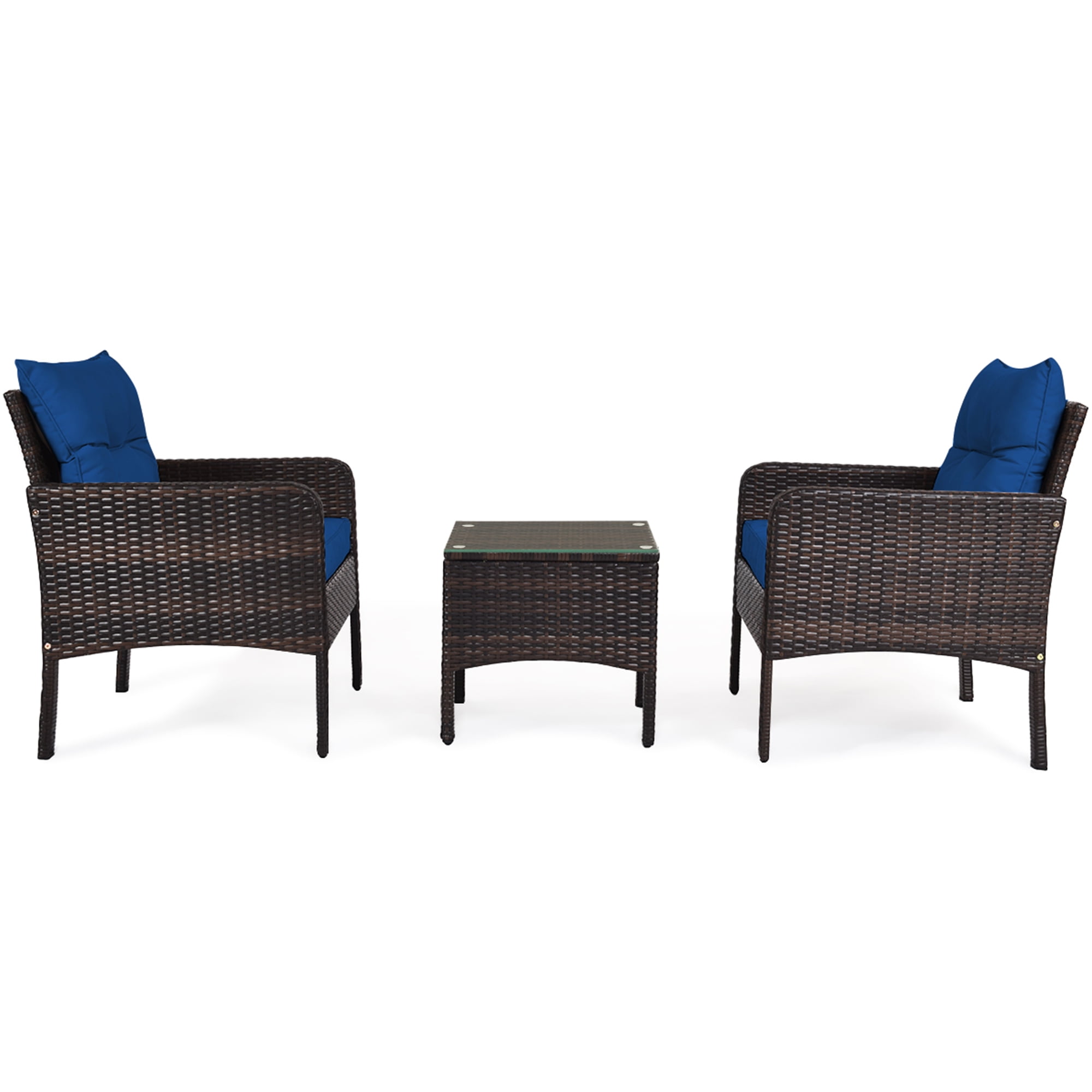 Gymax 3PCS Rattan Patio Conversation Furniture Set Yard Outdoor w/ Navy Cushions - Image 2