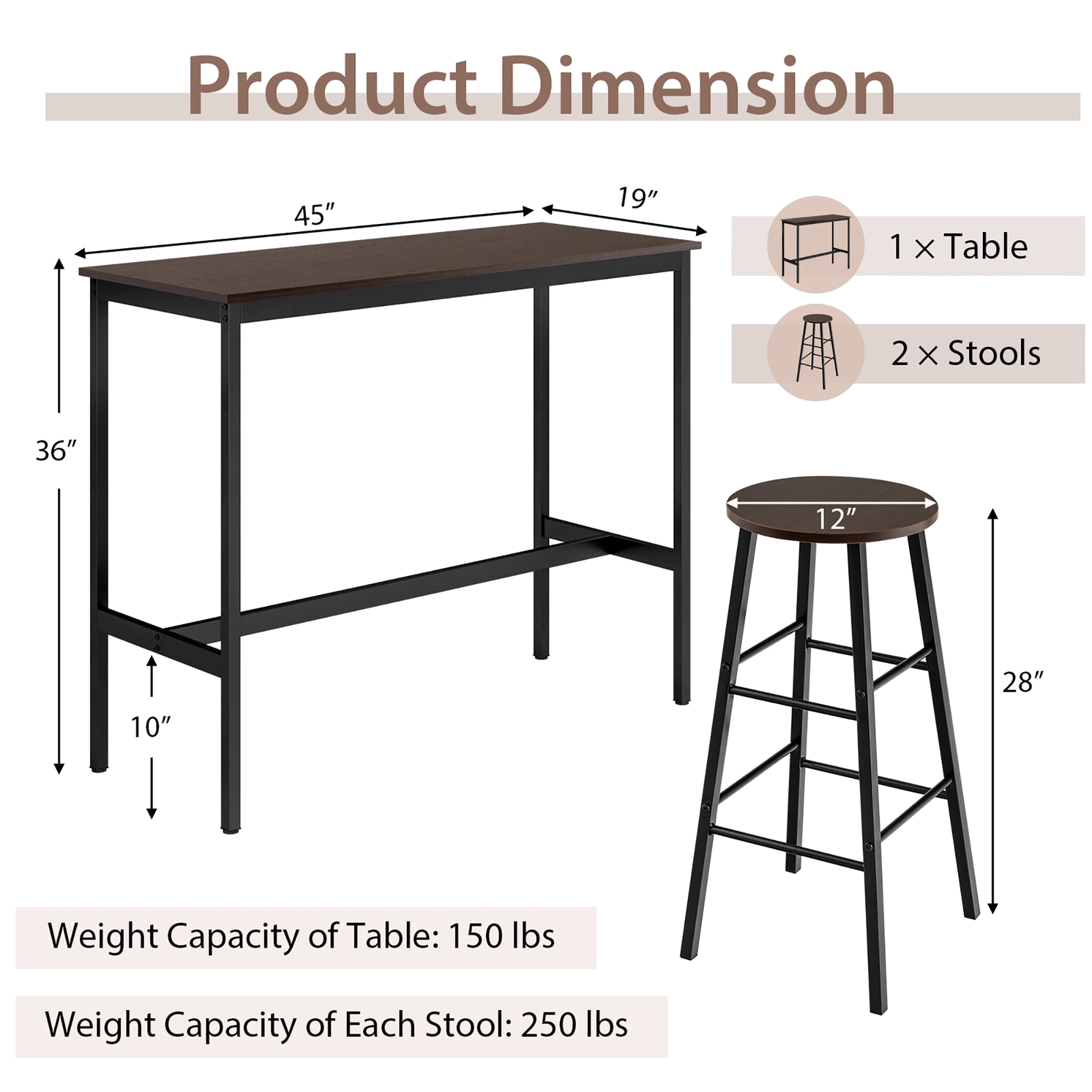 Costway 3-Piece Bar Table Set Pub Kitchen Dining Table w/ 2 Round Stools Black & Brown - Image 6