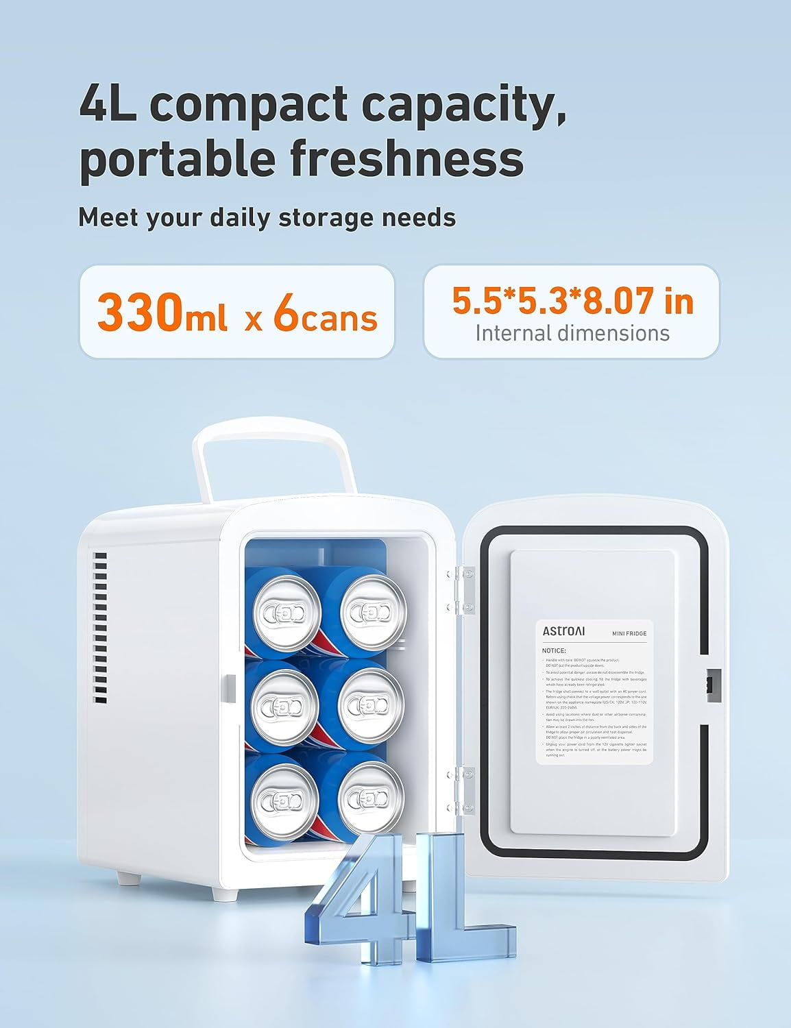 AstroAI Mini Fridge, 6 Can 4 Liter Portable Electric Cooler, Personal Refrigerator Skincare for Bedroom DC/AC - Image 3
