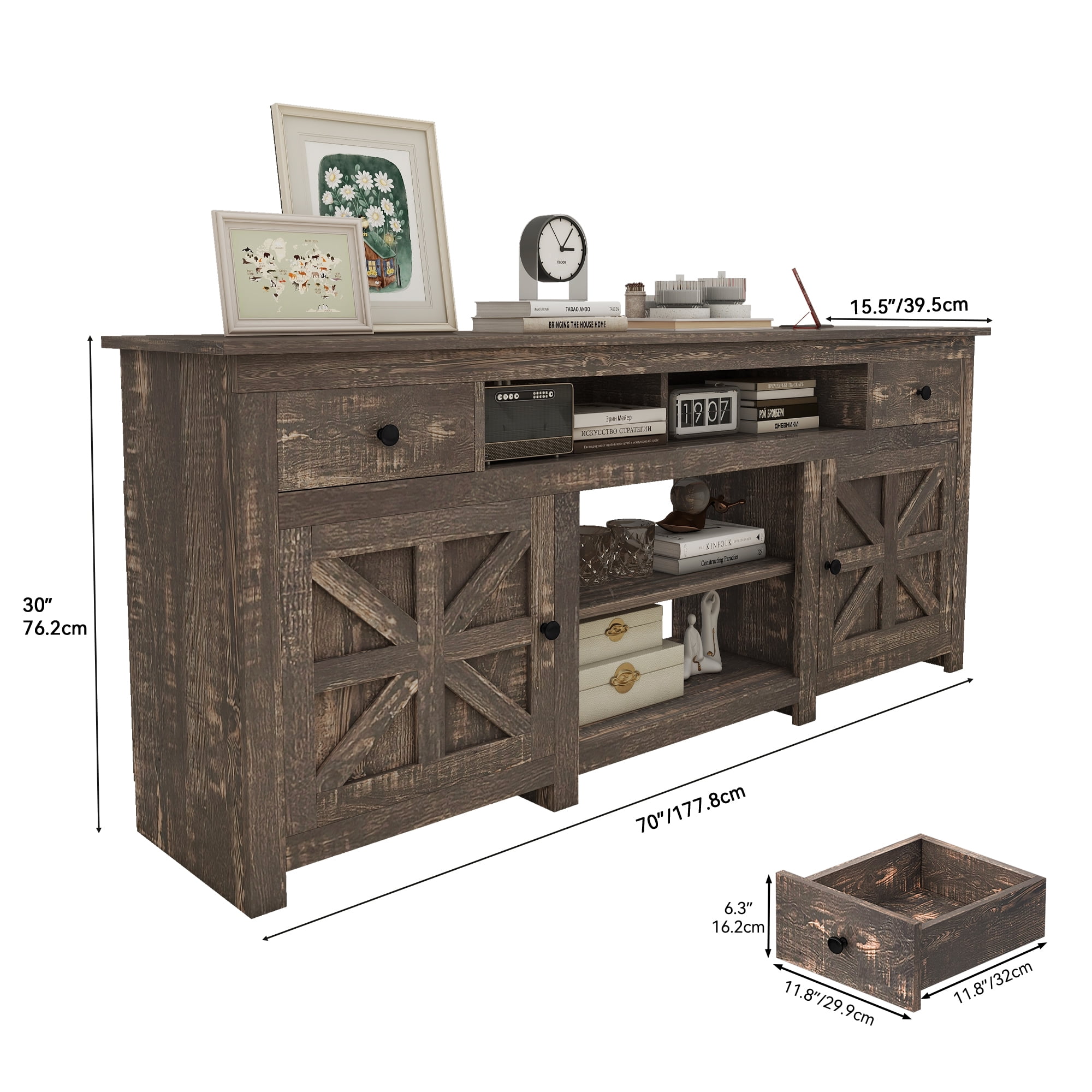 Uforic 70'' Farmhouse TV Stand, Entertainment Center with 2 Shelves, Suitable for TVs up to 80'',Oak - Image 5