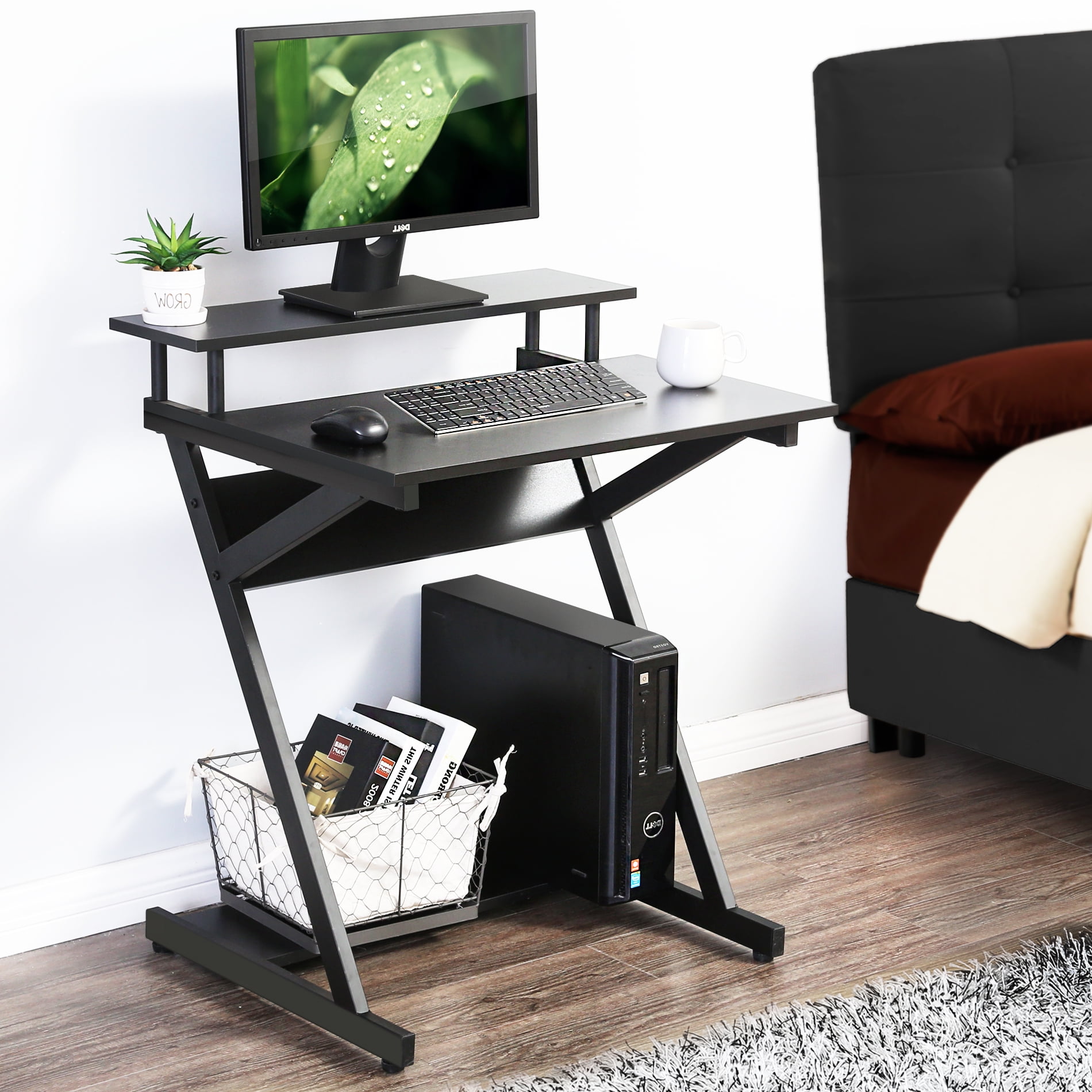 27-Inch Computer Desk for Small Spaces,Small Desk with Monitor Shelf & Bottom Storage Shelves, Unique Z-Shaped Compact Study Writing Table for Home Office, Black - Image 6
