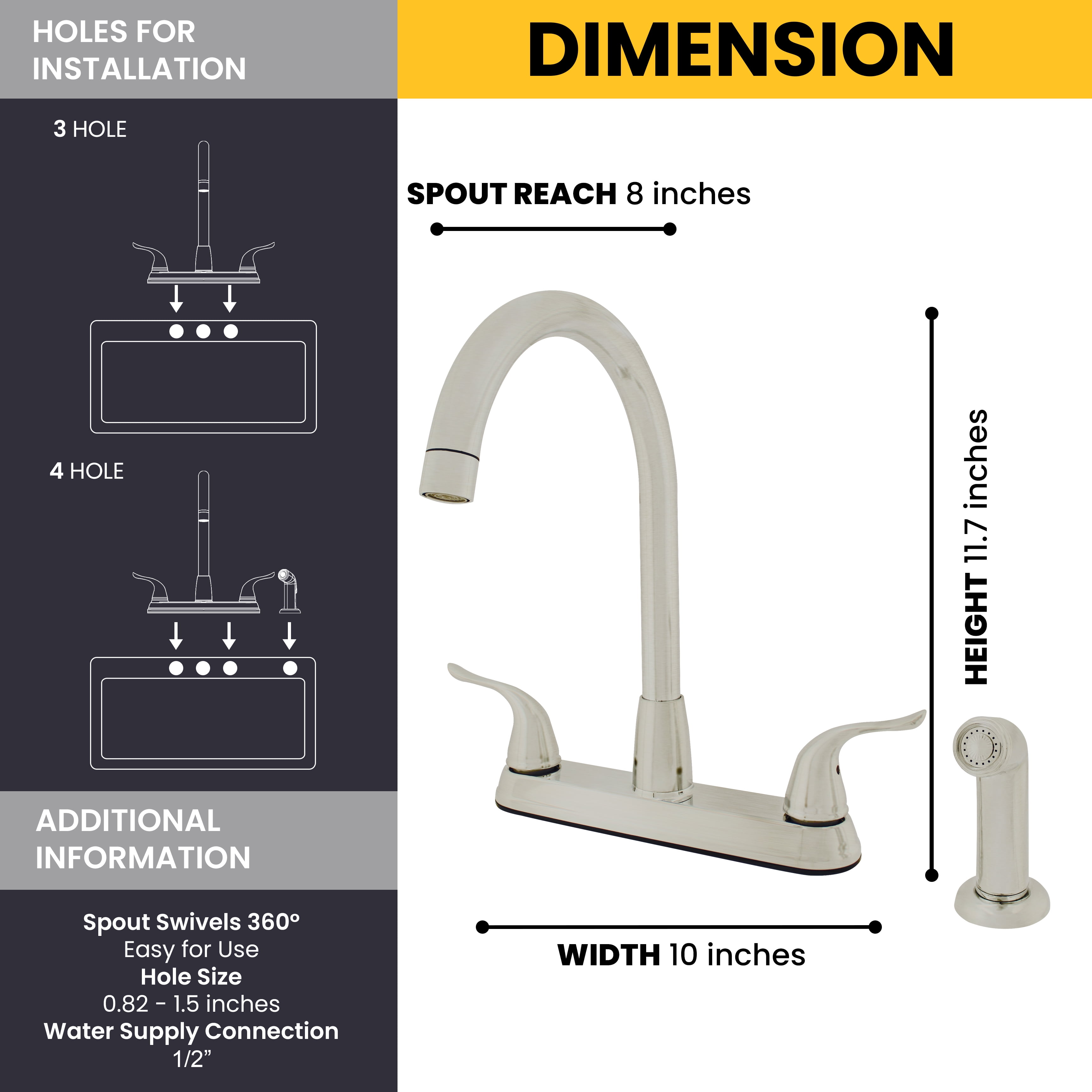 WMF-8235GNZMLP-BN - Hybrid Metal Deck Kitchen Sink Faucet, 360 Degree Swivel, High Spout, Double Handle with Side Spray - Image 8