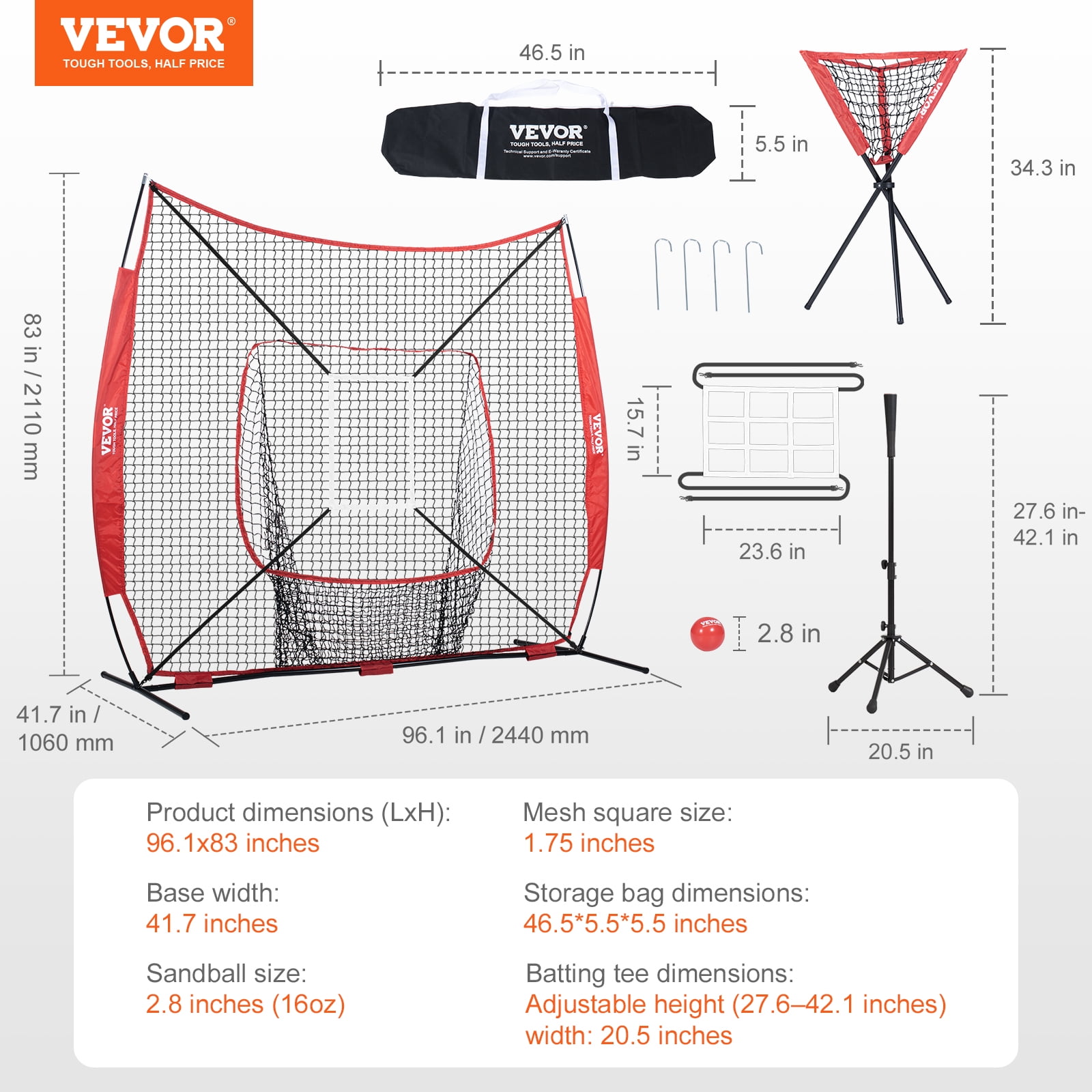 BENTISM Portable Baseball Softball Practice Net, 7x7 ft Hitting Batting Training Net for Baseball Softball Catching or Throwing Full Set w/2*Strike Zone&Batting Tee&Collector&Sand-Filled Ball - Image 2