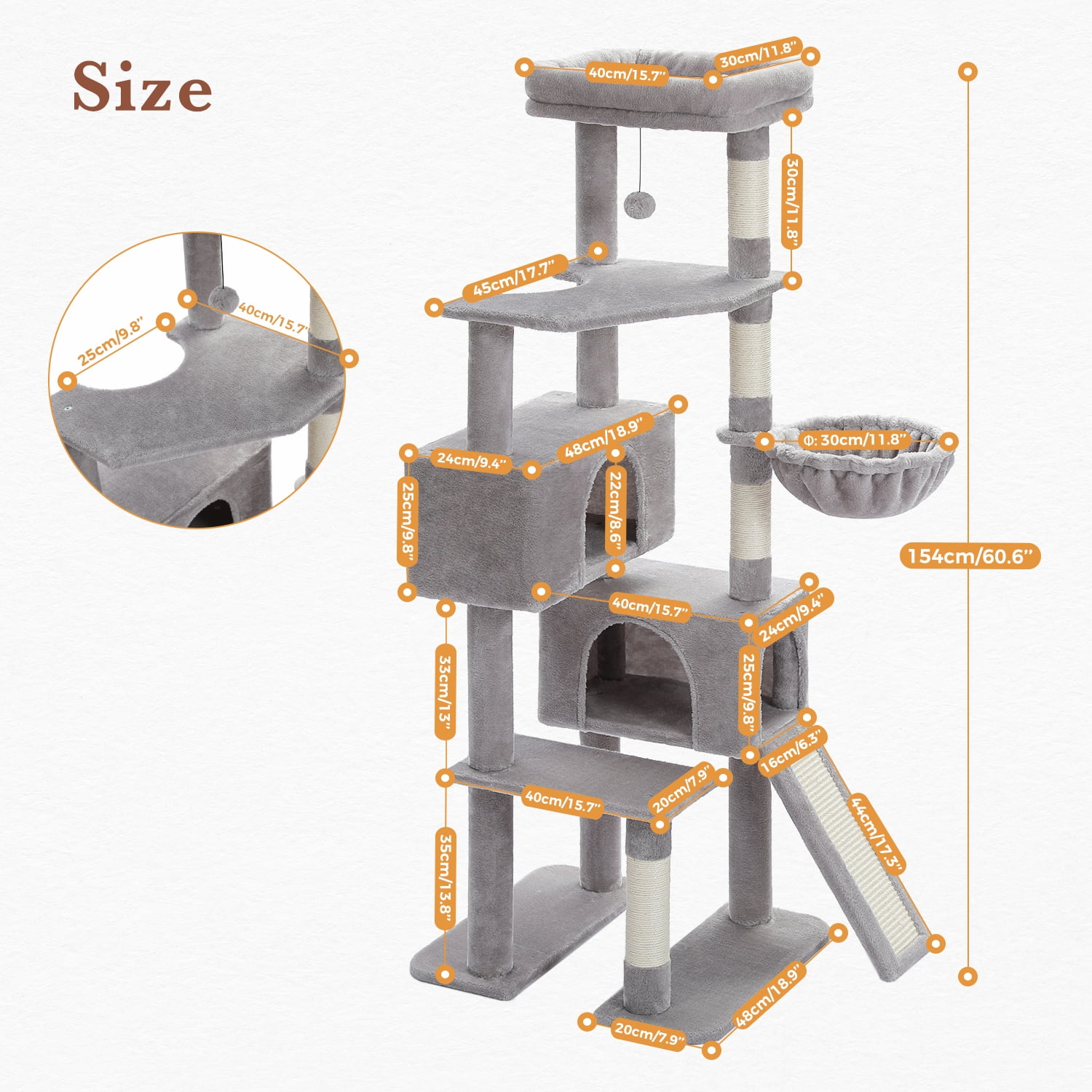 PEQULTI 61" Modern Cat Tree Large Cat Tower with Ladder and Dual Condos Indoor Light Gray - Image 9