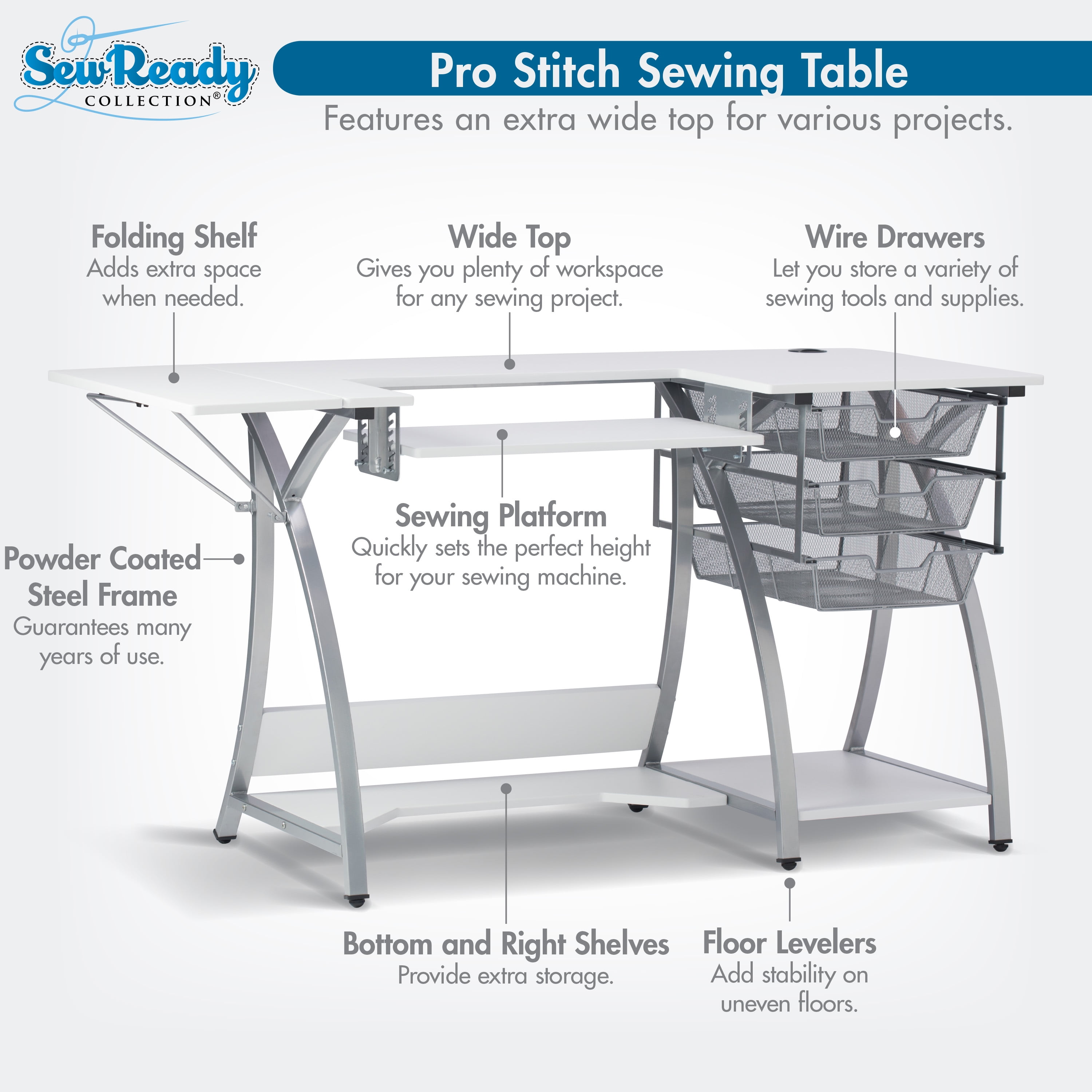 Sew Ready Pro Stitch Sewing Desk with Folding Top Metal Drawers and Storage Shelves Shilver/White - Image 6