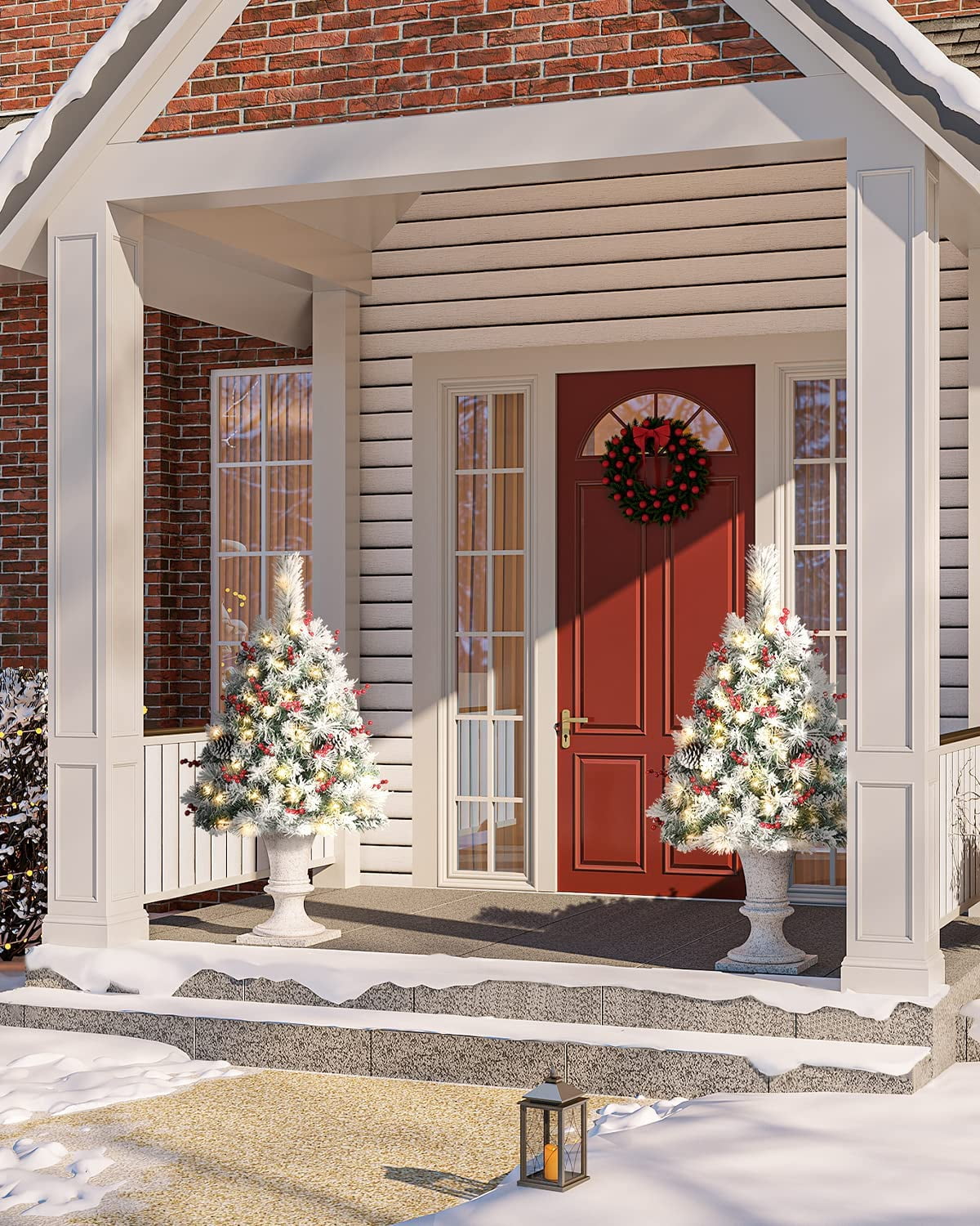 OasisCraft 24 Inch Outdoor Christmas Tree 2 Set, Pre-lit Mini Flocked Christmas Tree Artificial Pathway Xmas Tree 50 LED with Red Berries, Pinecones for Porch Holiday Decor, Green - Image 4