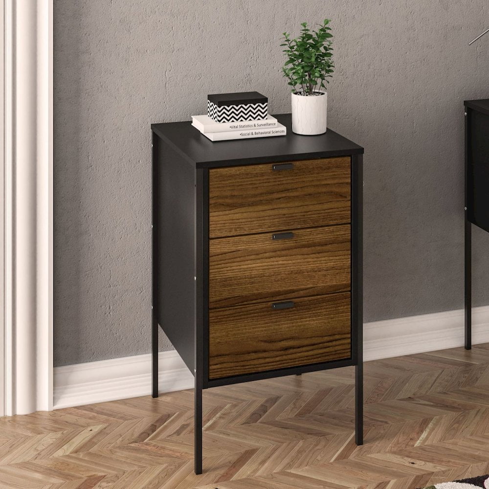 Polifurniture Mallorca 3 Drawer Office Cabinet, Walnut and Black - Image 4
