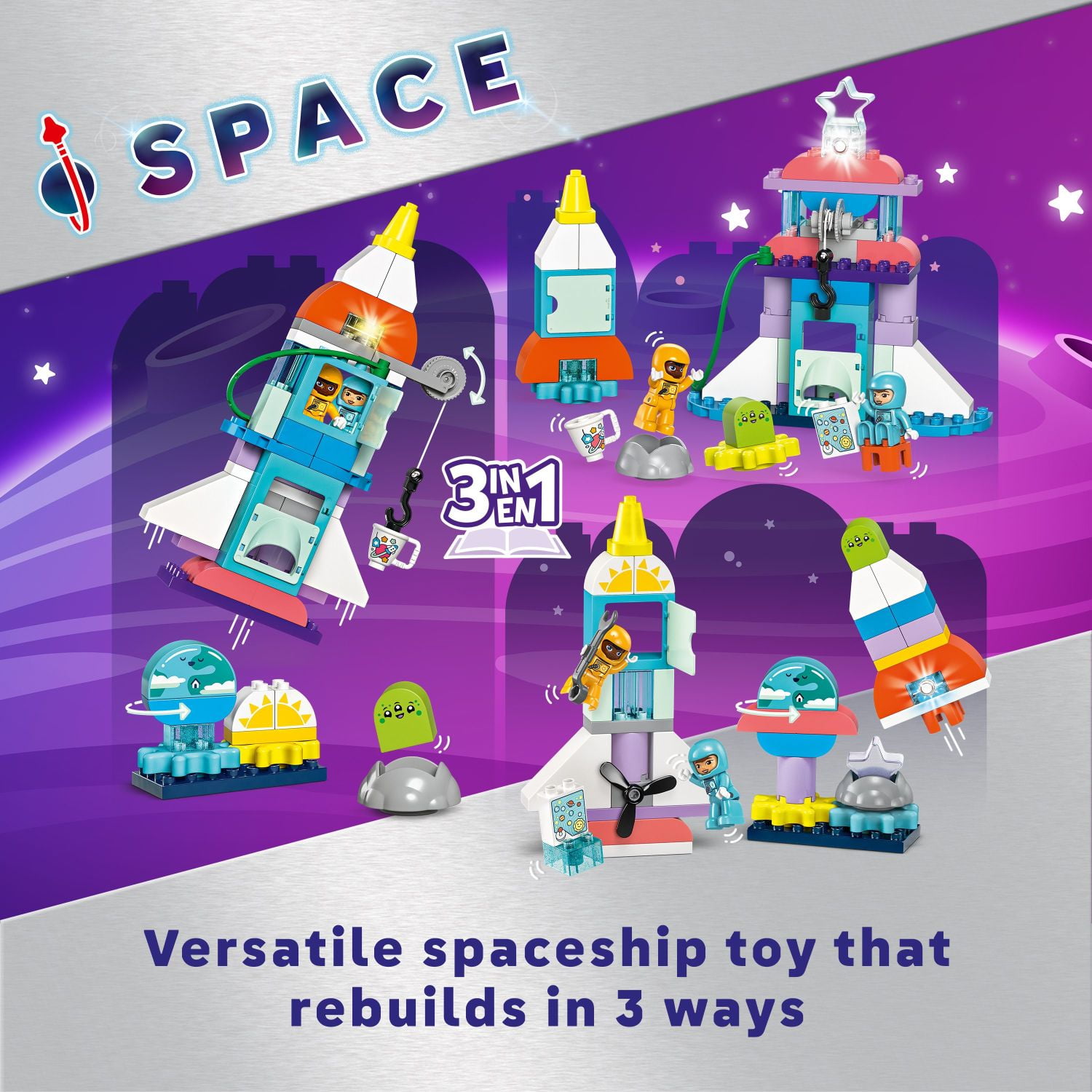 LEGO DUPLO 3 in 1 Space Shuttle Adventure Rocket Ship Building Set, Kids Educational Space Discovery Toy for 3-Year-Olds and Up, Develops Preschool Kids’ Learning and Fine Motor Skills, 10422 - Image 2