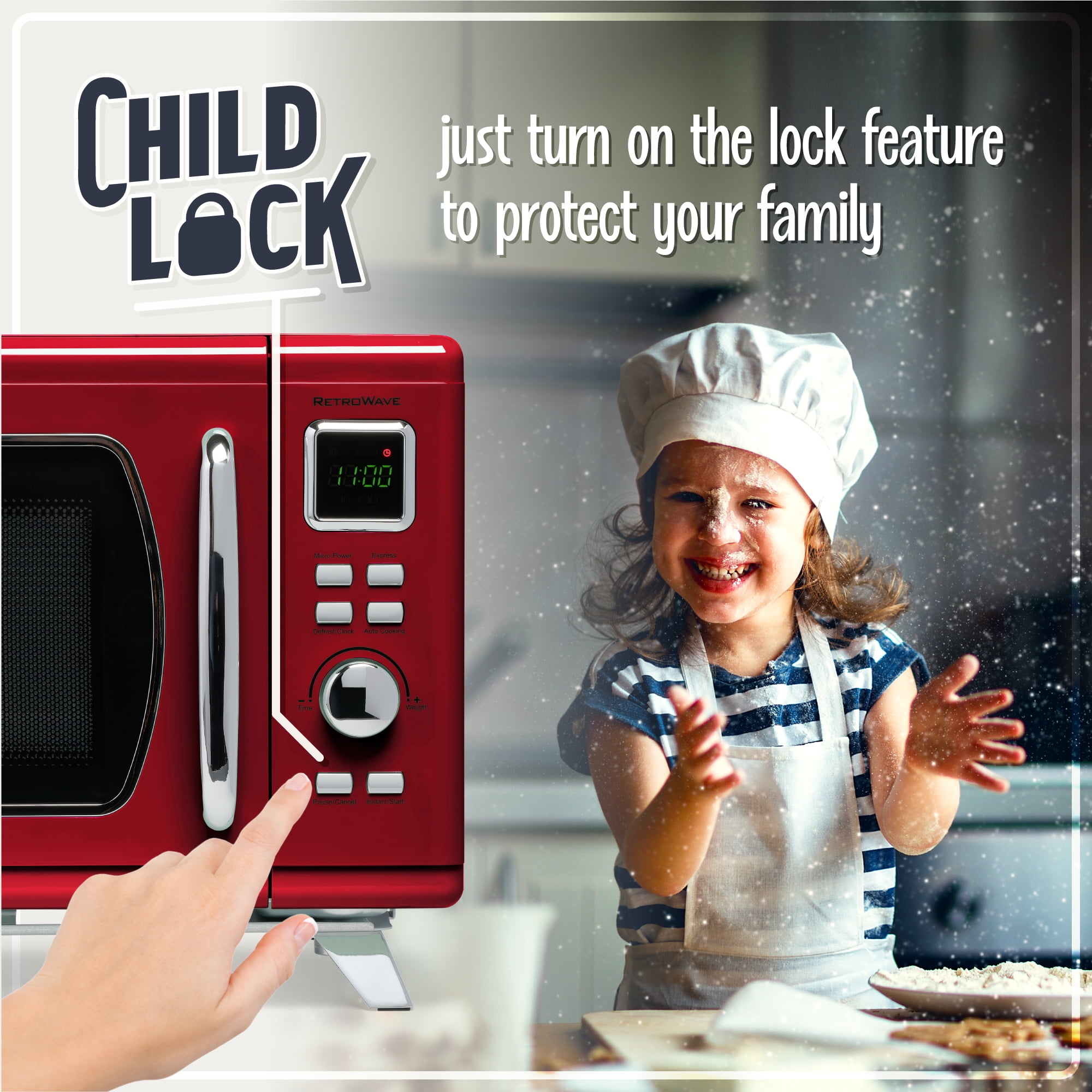 Nostalgia Mid-Century Retro Countertop Microwave Oven - Large 900-Watt - 0.9 cu ft - 8 Pre-Programmed Cooking Settings - Digital Clock - Kitchen Appliances - Red - Image 5