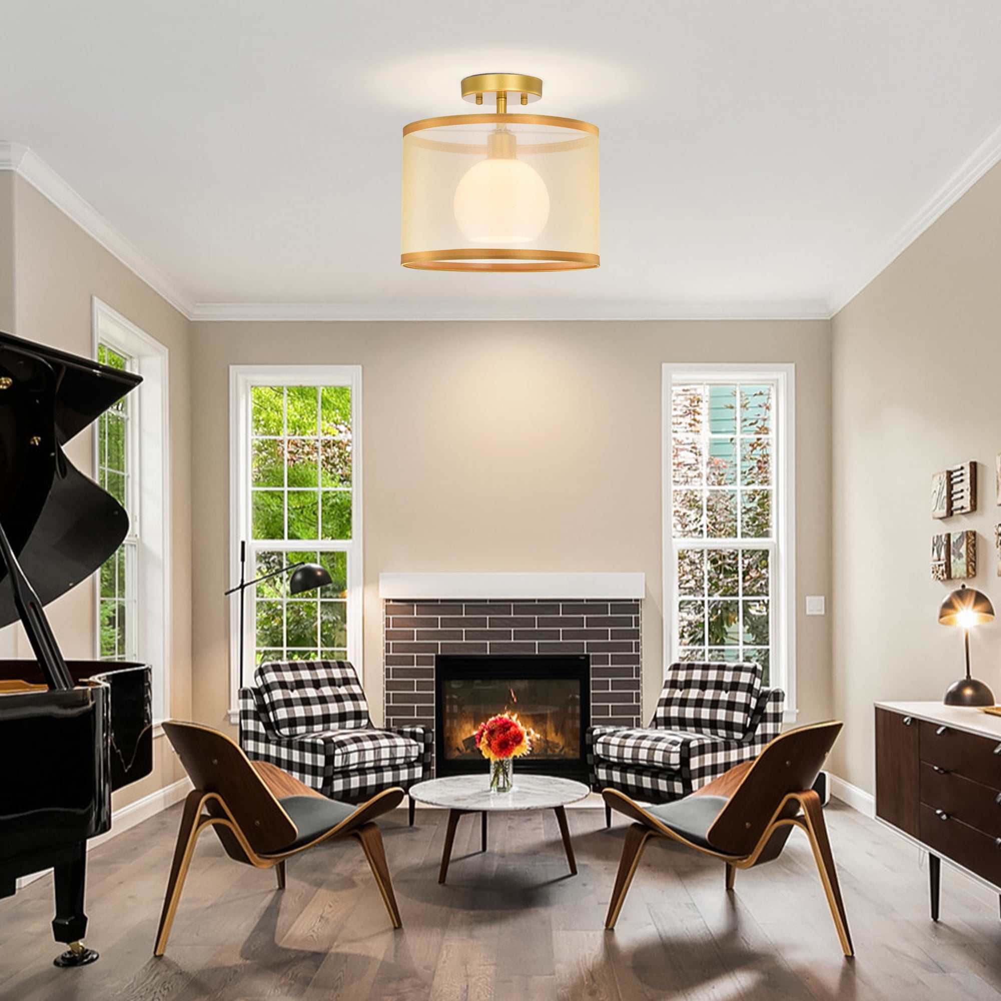 ASHOP Ceiling Light Semi Flush Mount Fixtures Modern Close to Ceiling Lamps Gold Drum Light Fixture with Double Shade - Image 4