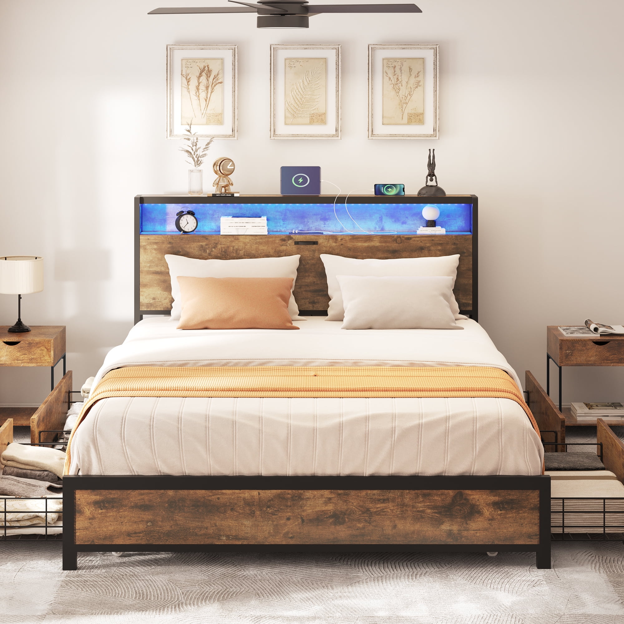 Dextrus Queen Size LED Wooden Bed Frame with 4 Drawers & Charging Station,No Box Spring Needed,Brown - Image 7