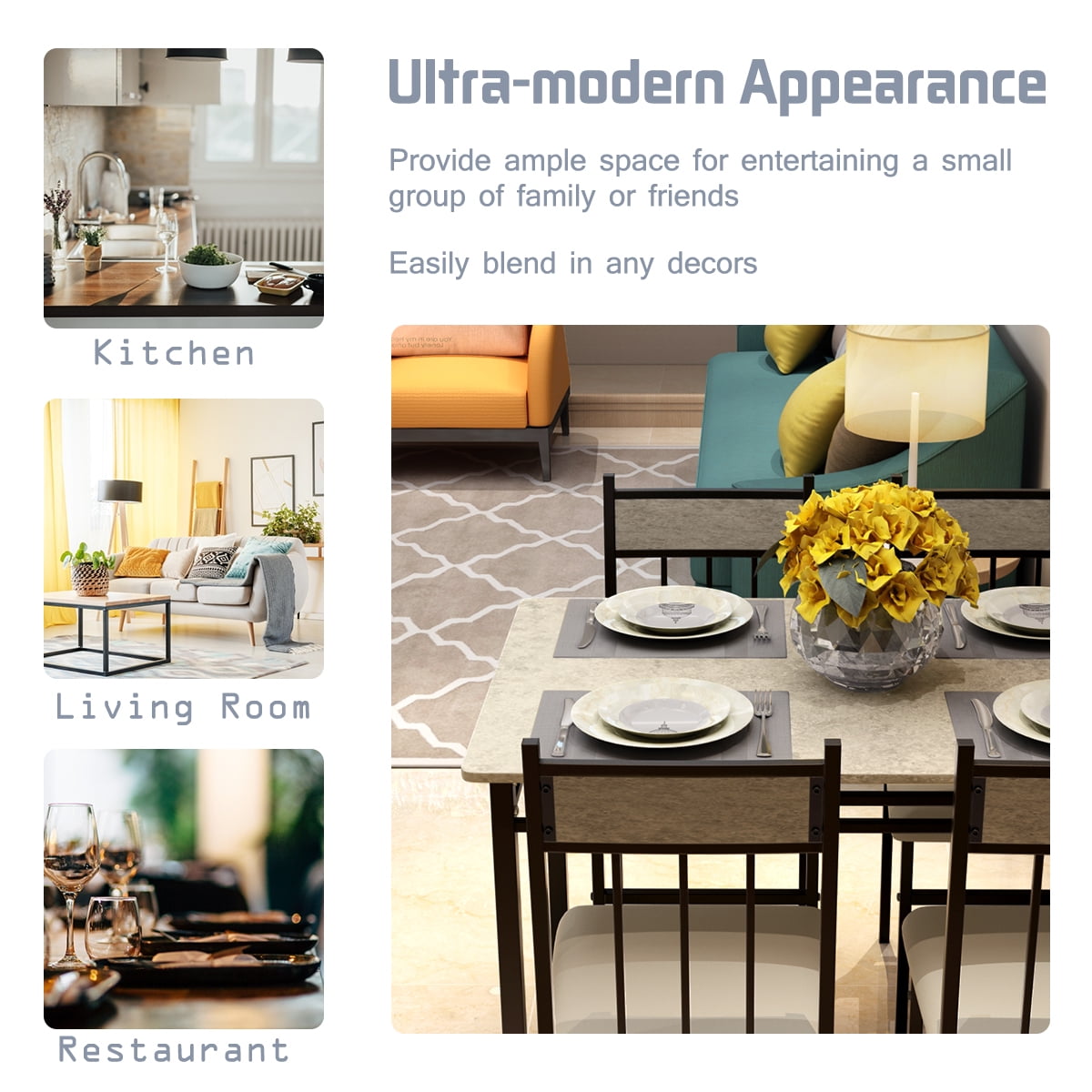 Costway 5 Piece Dining Set Faux Marble Top Table 30'' and 4 Padded Seat Chairs W/ Metal Legs - Image 6