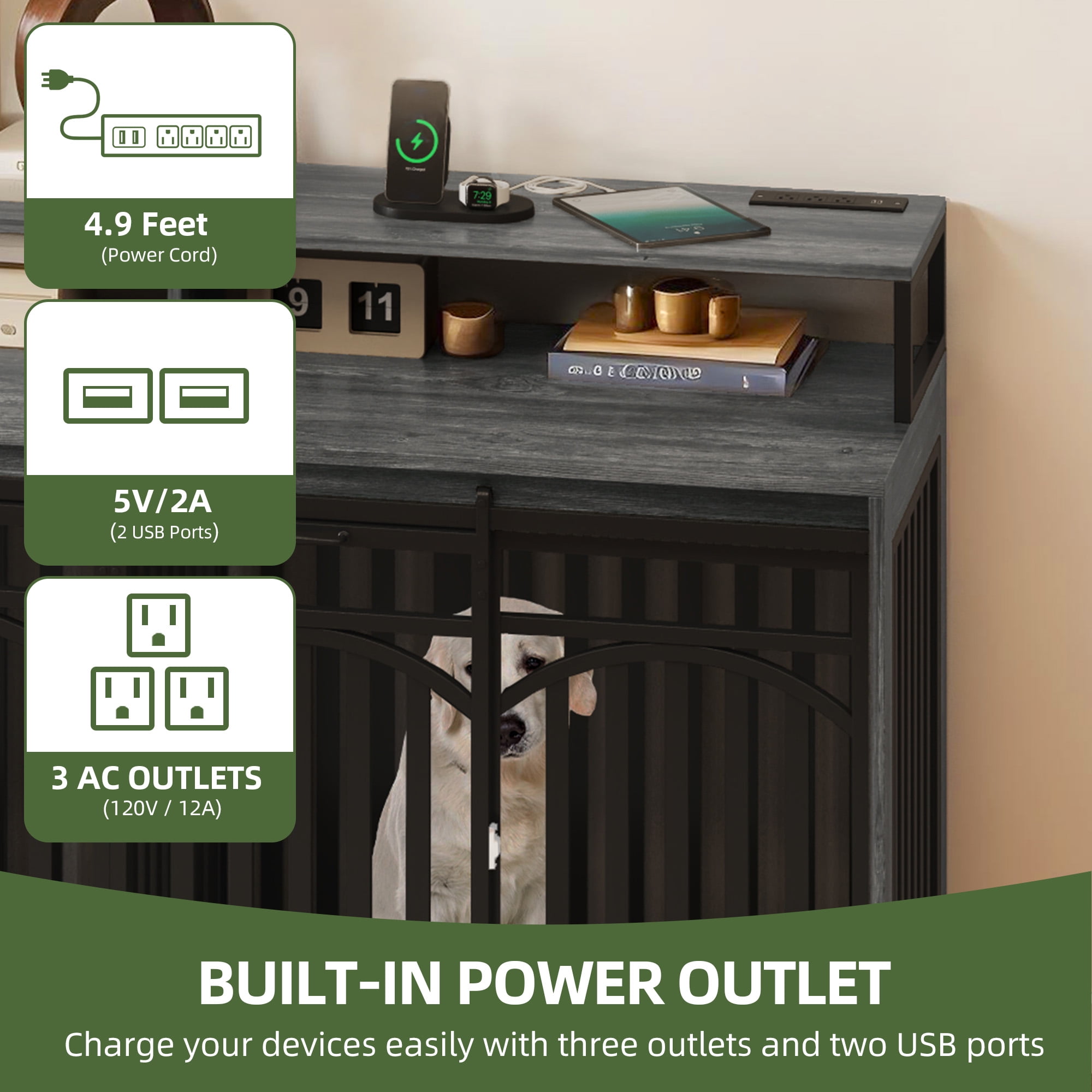 Uforic XL Heavy Duty Dog Crate Furniture with LED Lighting and Power Outlets, 70" TV Stand Large Metal Dog Kennel - Gray Oak - Image 3