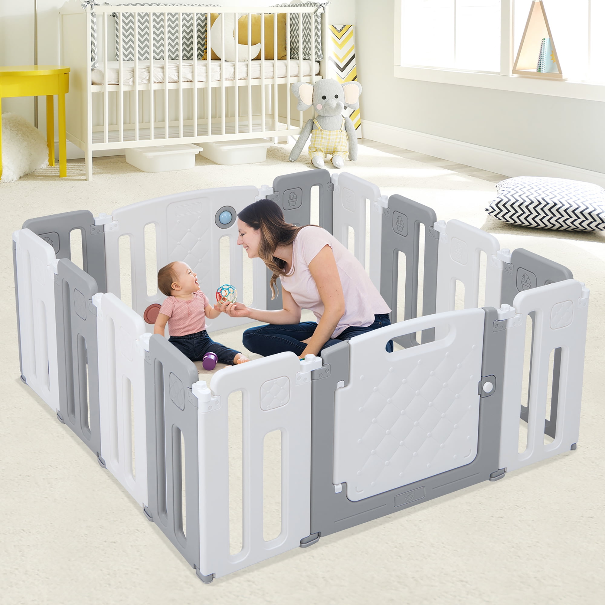 Costway 14 Panels Baby Safety Playpen Kids Safety Activity Play Center with Drawing Board Gray - Image 4