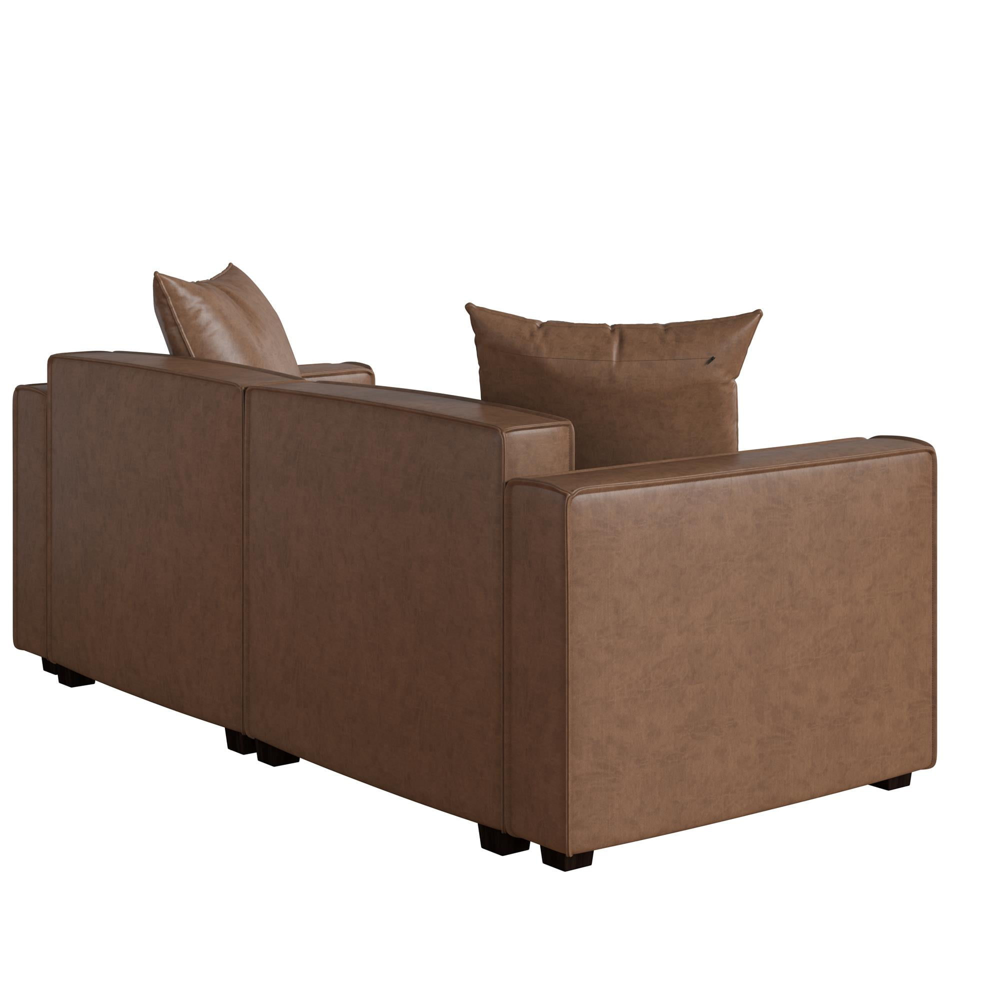 Mainstays Wynnewood 75" Low Profile Faux Leather Sofa Couch with 2 Throw Cushions, Brown - Image 16