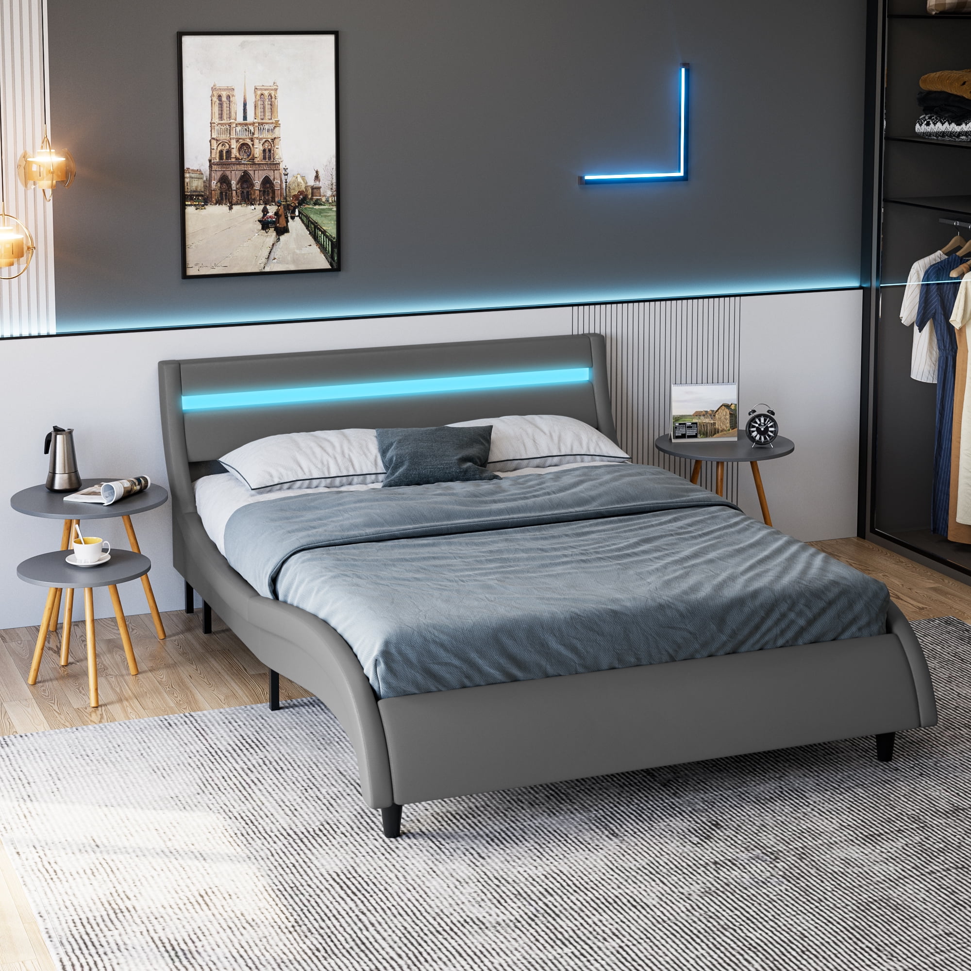 Homfa Queen Size Led Bed Frame, Upholstered Platform Bed with 16 Color Led Headboard, Gray - Image 7