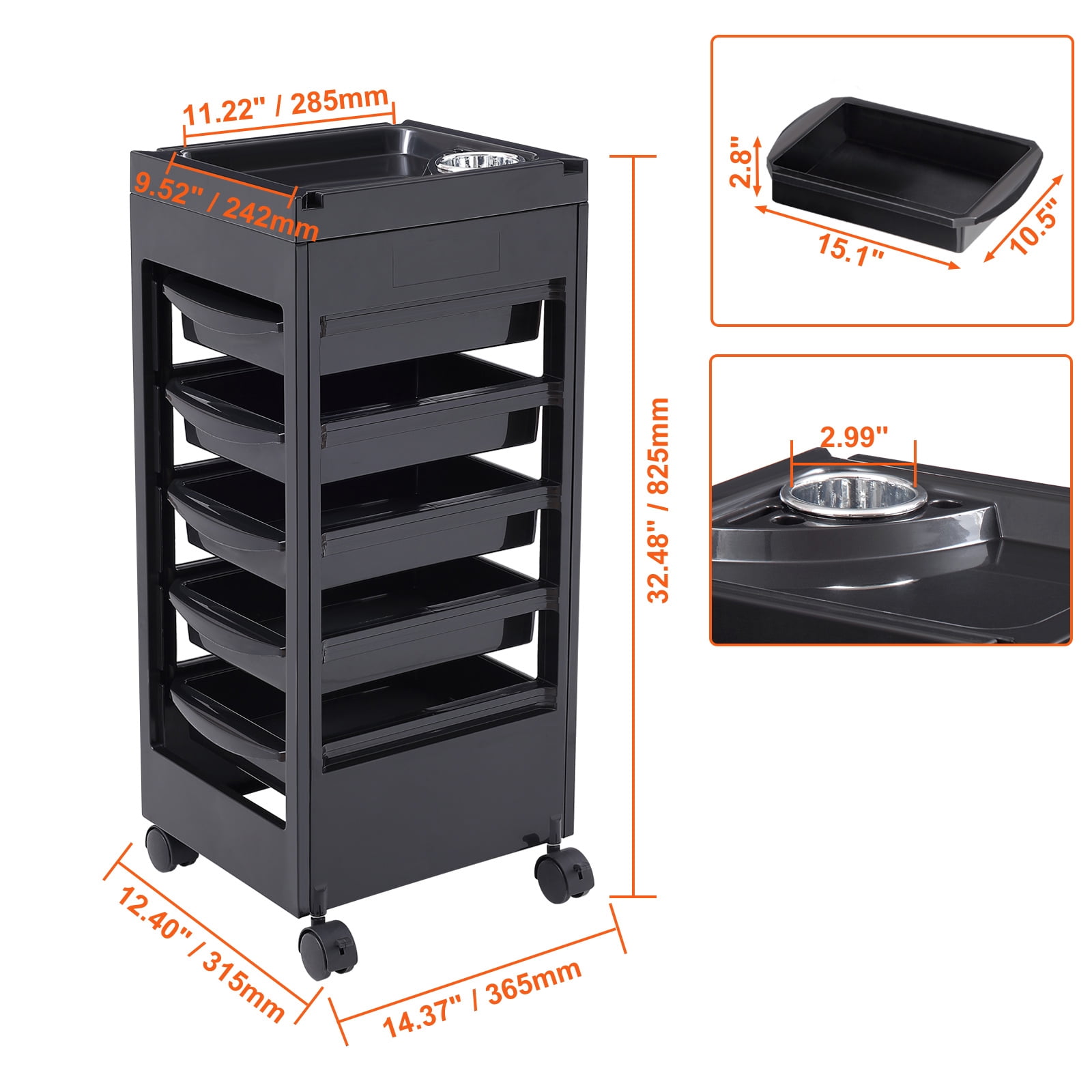 KFFKFF Salon Utility Cart, Stylist Station on Wheels with 5 Detachable Trays & Appliance Holder, Mobile Hairdresser Organizer with Locking Casters for SPA & Salon Use - Image 4