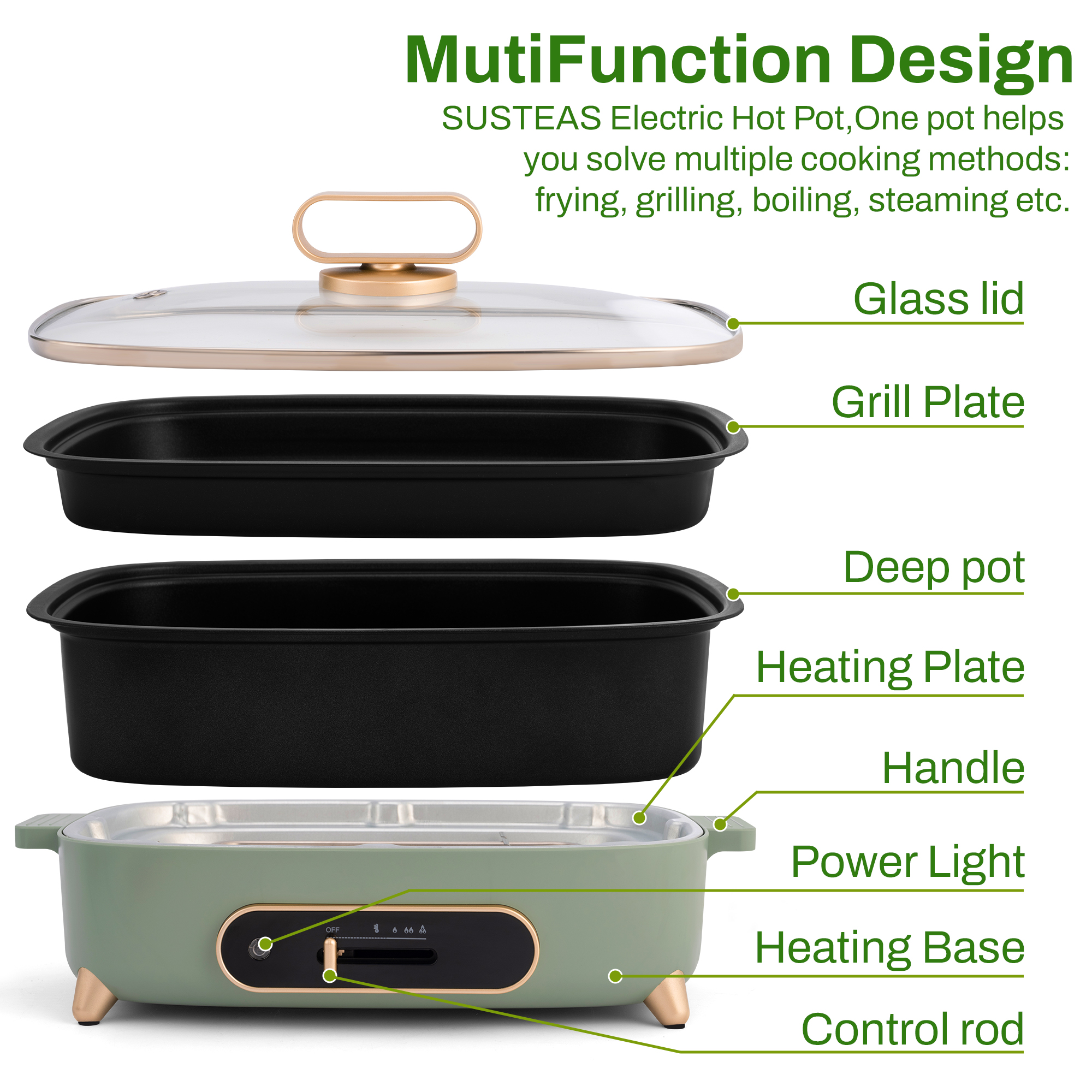 SUSTEAS Hot Pot Electric, Hotpot for Cooking with Removable Non-Stick 2 Pots(Skillet & 3L Hotpot Pots), 1200W Electric Hot Pot with Slide Power Control for Home, Party, Family & Friend Gathering - Image 6