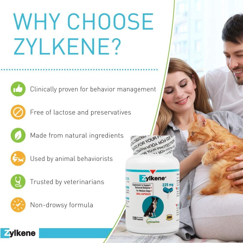 Vetoquinol Zylkene Calming Behavior Support Supplement, Helps Promote Relaxation and Reduce External Stress Factors, Daily Behavioral Support and Anxiety Relief, Dog or Cat, 22-65lbs, 225mg, 120ct - Image 6