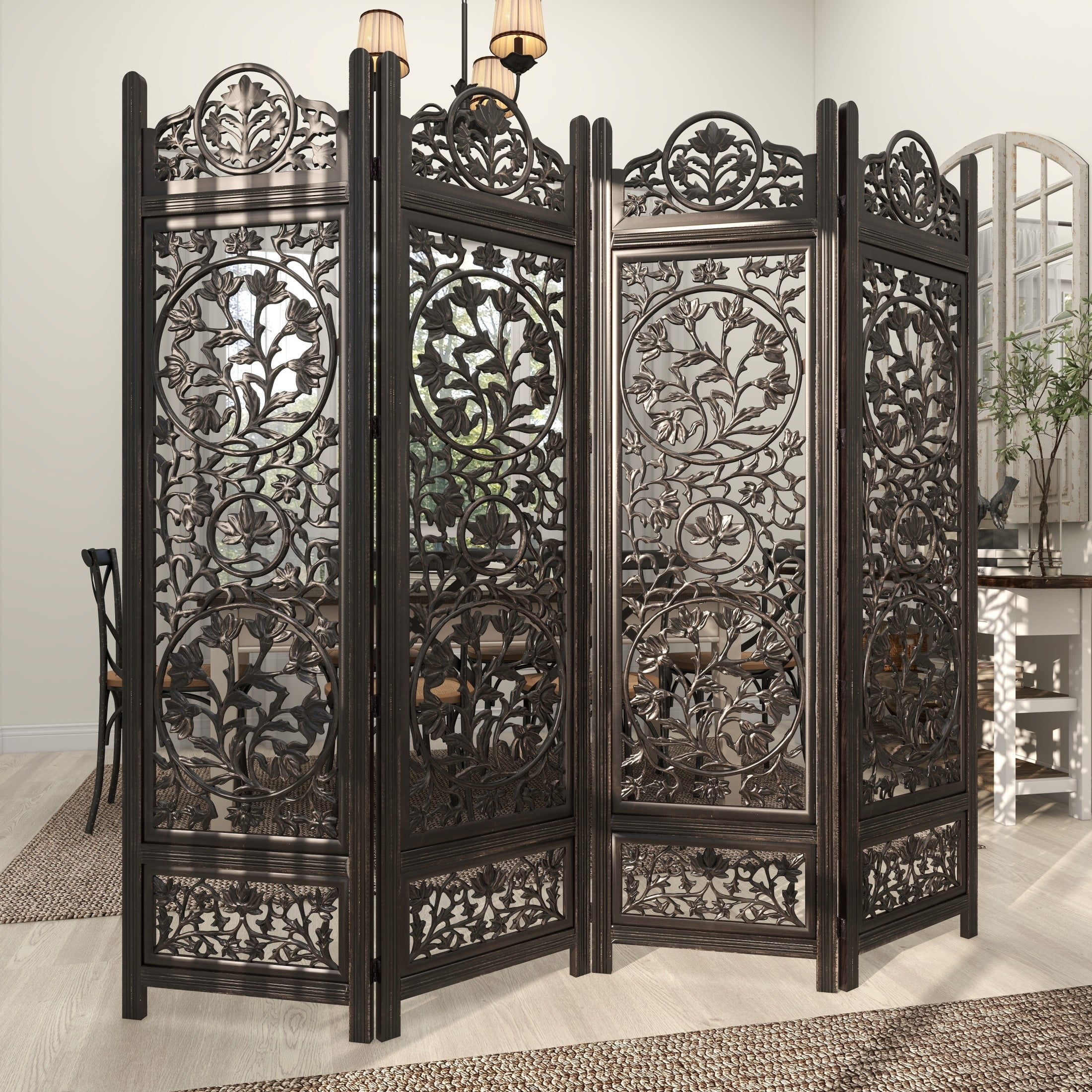 DecMode 80" x 72" Black Wood Floral Handmade Foldable Partition Carved 4 Panel Room Divider Screen, 1-Piece - Image 3
