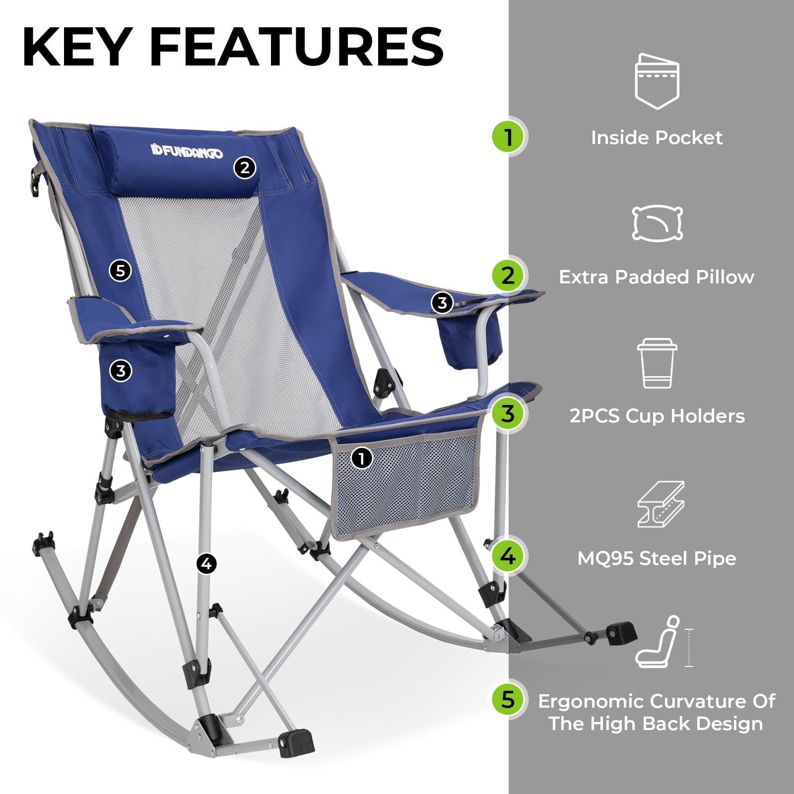 FUNDANGO 2-Pack Rocking Camping Chairs for Patio Swing Lounge, Folding Chair with Headrest, Perfect for Adults, Blue - Image 3