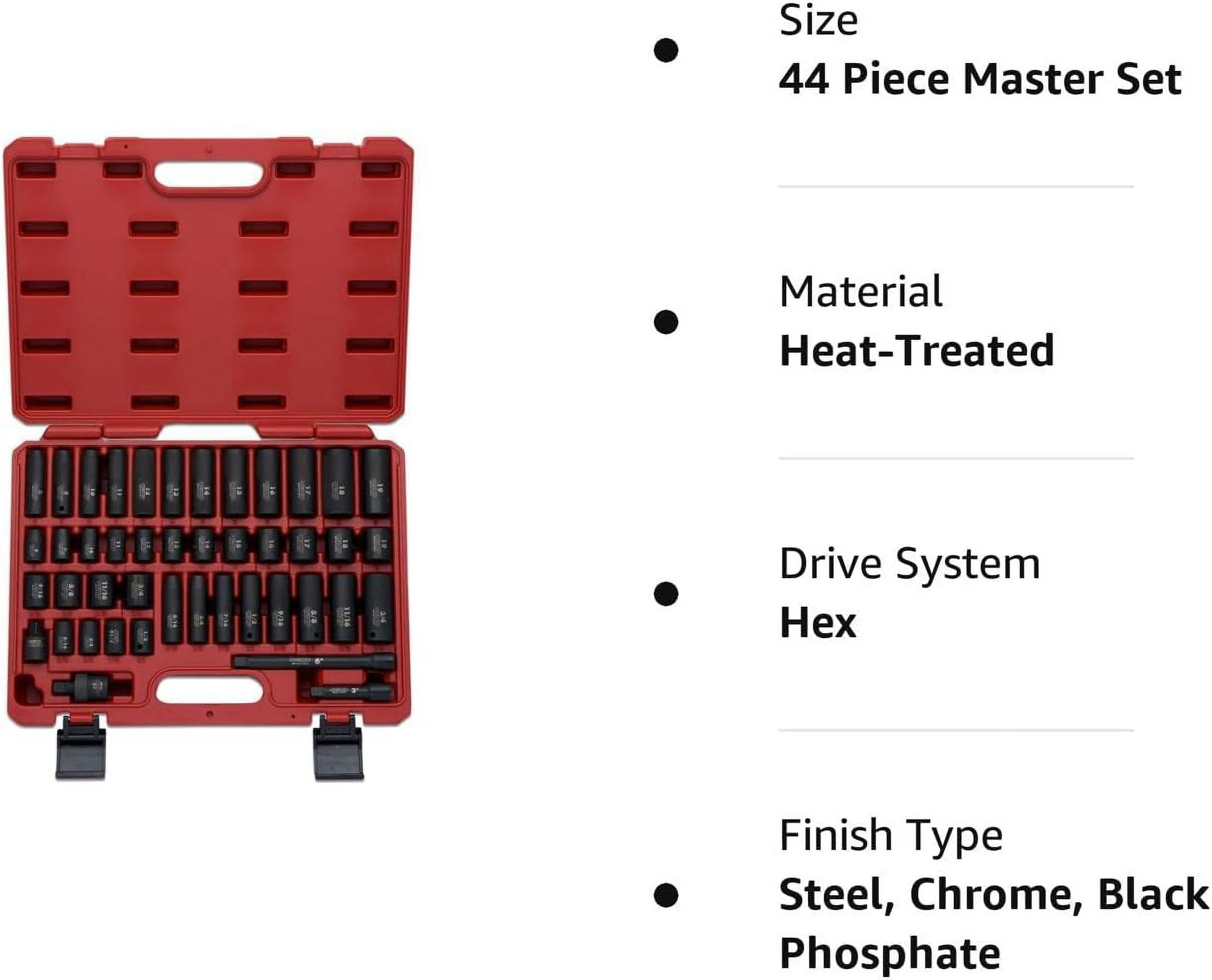 NEIKO 02440A 3/8-Inch-Drive Impact Socket Set, SAE Sizes 5/16" to 3/4" and Metric Sizes 8 mm to 19 mm, Includes Extension Bars and U-Joint, 44 Pieces - Image 4