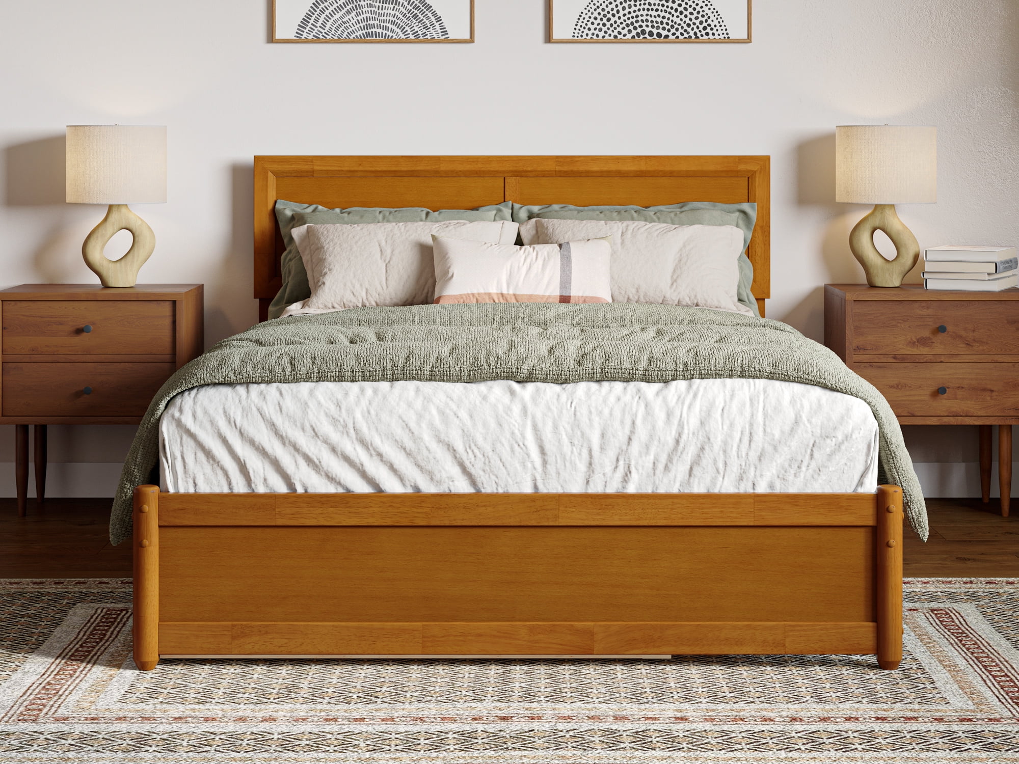 AFI Lylah Full Wood Platform Bed with Panel Footboard and Twin Trundle, Light Toffee - Image 2