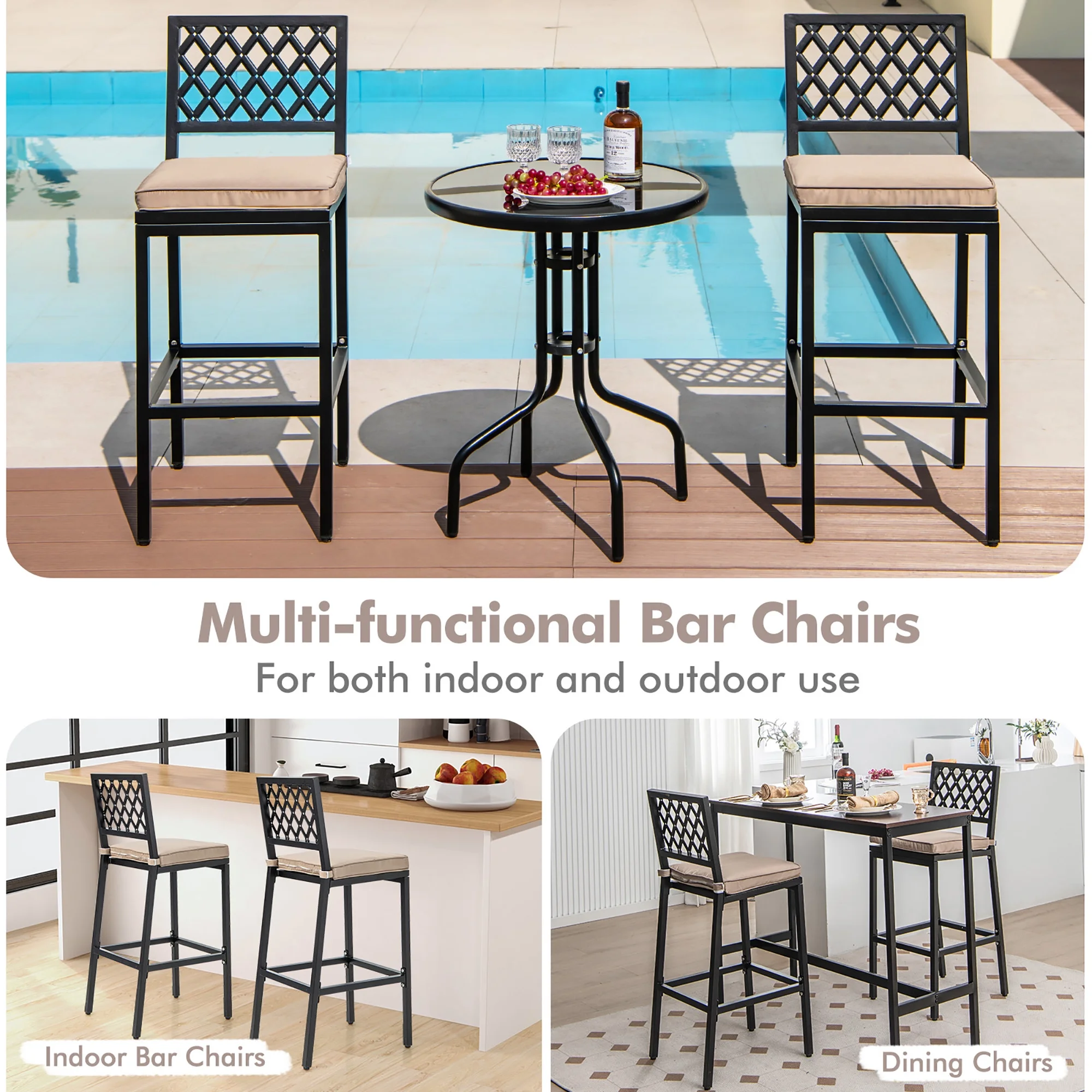 Costway Set of 2 Outdoor Bar Height Dining Chairs Patio Metal Bar Stools with Cushion - Image 3