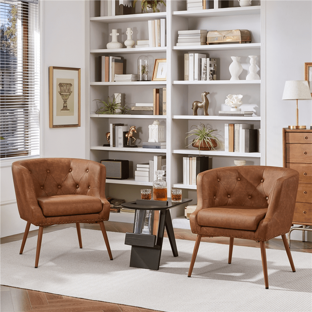 Renwick Modern Button Tufted Faux Leather Barrel Accent Chair,Retro Brown - Image 10