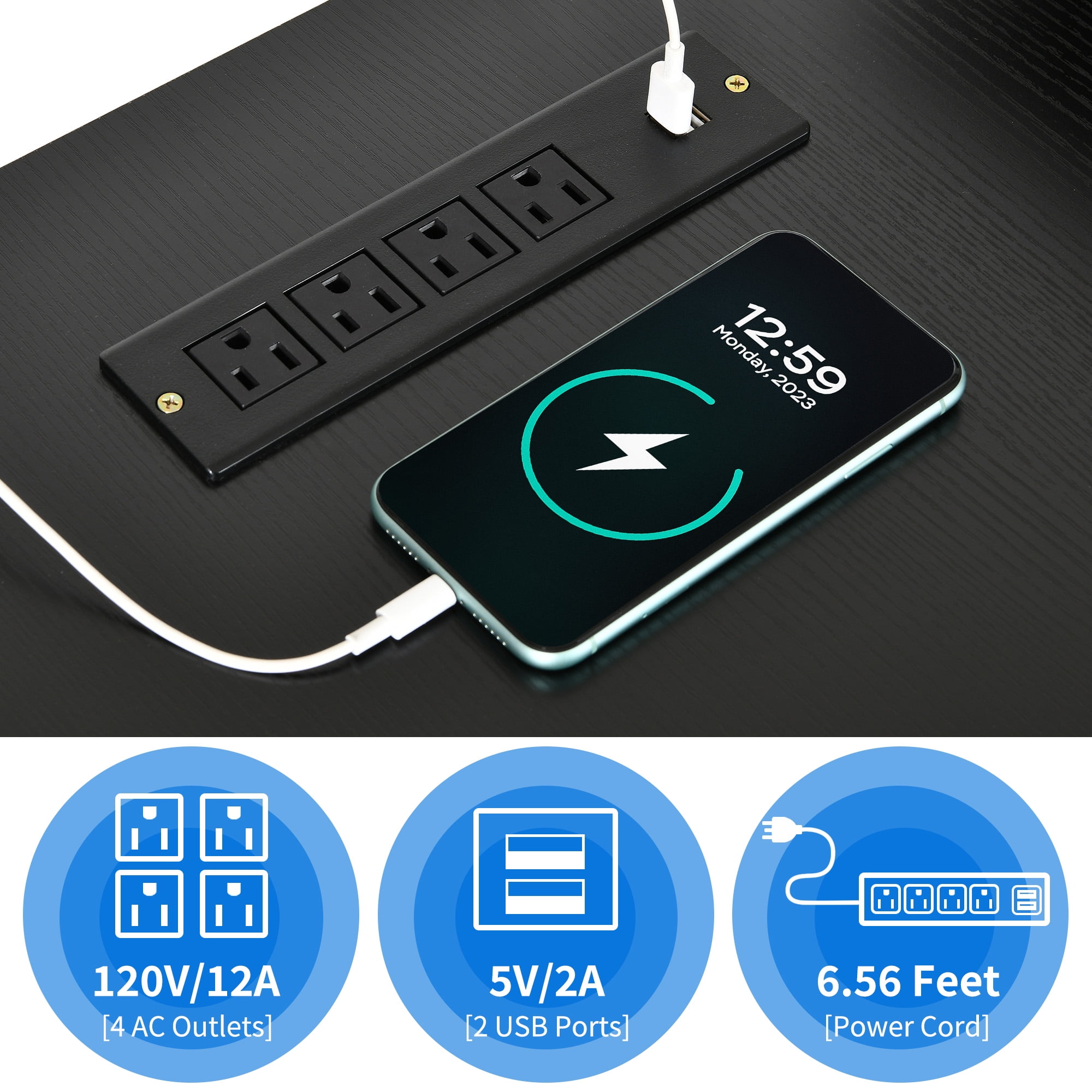 Dextrus L Shaped Desk with Power Outlets & LED Lights, Reversible Computer Desk with Drawers & Storage Shelves, Large U Shaped Desk, Black - Image 2