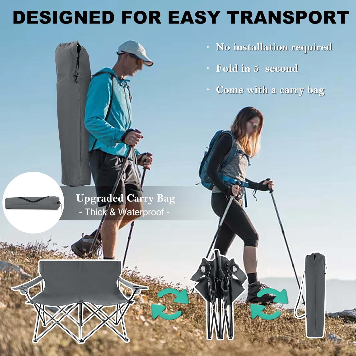 Double Camping Chair, Outdoor Folding Loveseat Chair Supports 500 LBS, Portable Oversized Lawn Chair with Cup Holders for Backpacking Hiking Picnic, Sturdy Steel Frame & 600D Oxford Fabric - Image 9