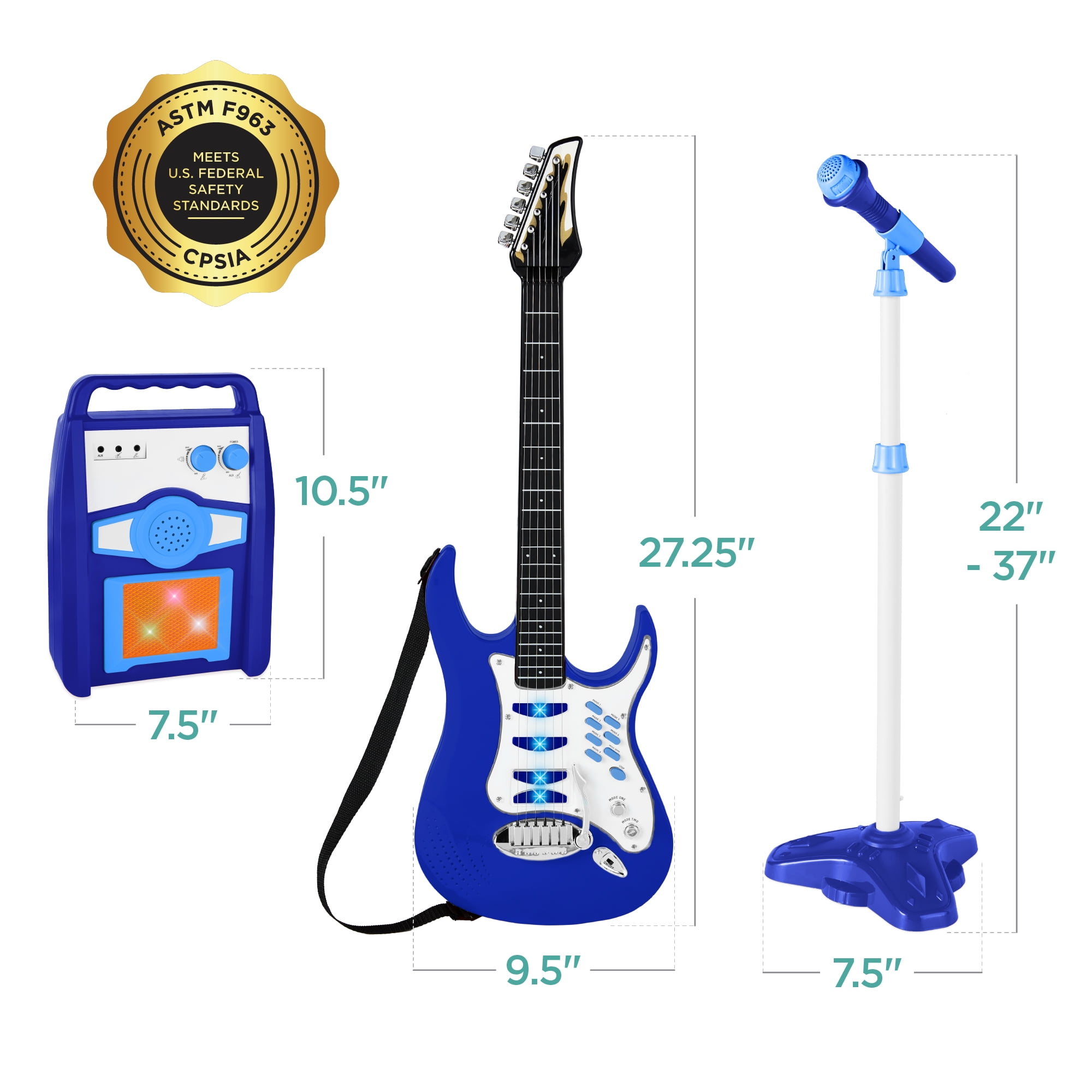 Best Choice Products Kids Electric Musical Guitar Toy Play Set w/ 6 Demo Songs, Whammy Bar, Microphone - Blue - Image 4