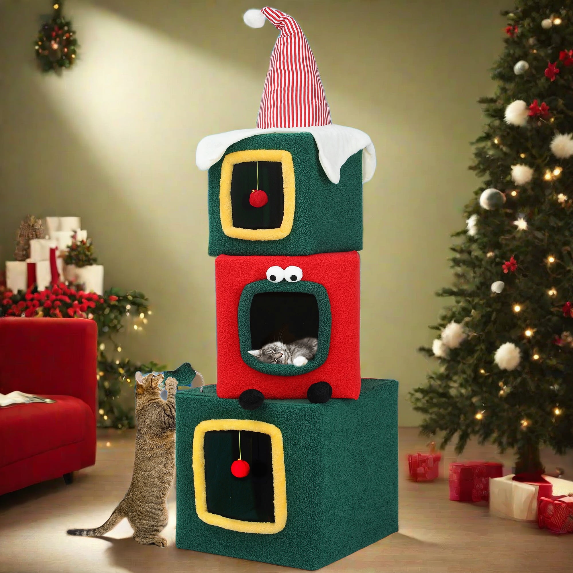 Uforic 60" Christmas Cat Tree Tower with Condos & Plush Ball for Indoor Cats - Image 7