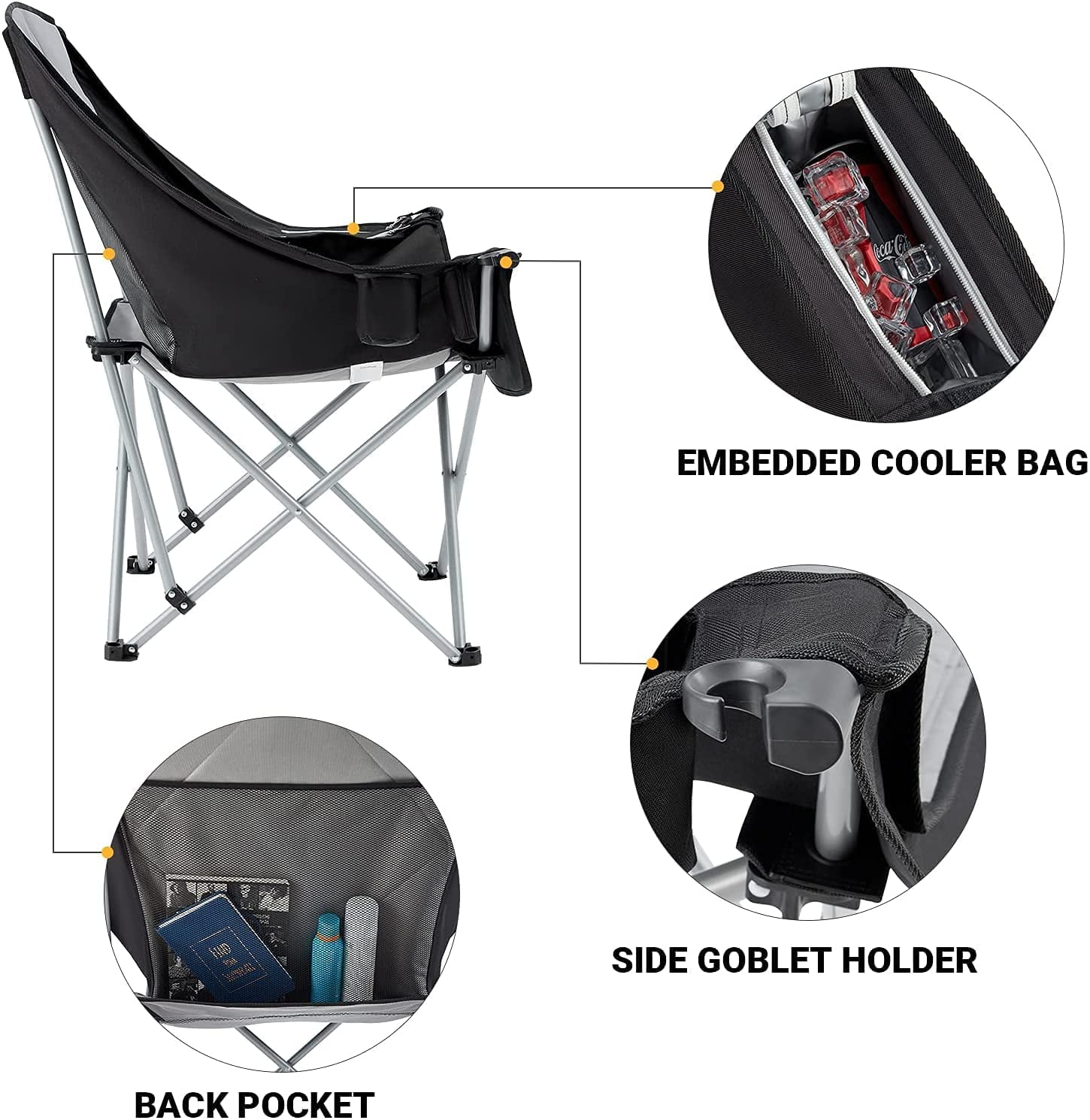 KingCamp Oversized Fully Padded Camping Chair for Adults, Support 330lbs Outdoor Folding Camping Sofa Chair with Pocket, Heavy Duty Folding Round Camping Chair, Black Light Grey - Image 7