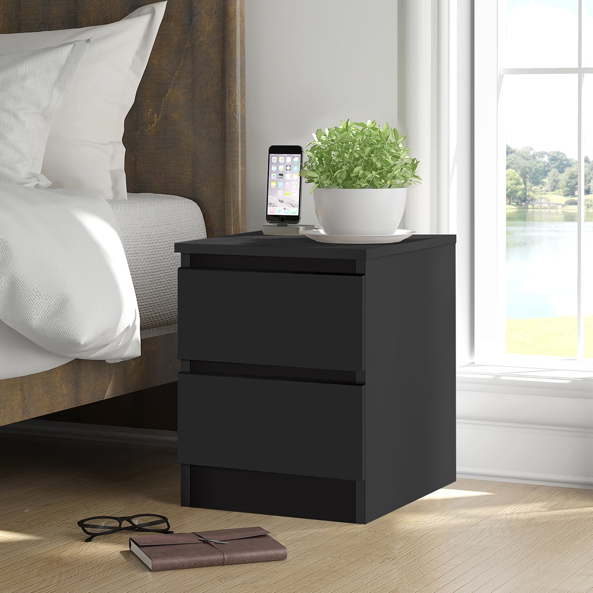 Hommpa 2 Drawers Nightstand for Bedroom, Bedside End Table Organizer, Wooden Black Finish 17.72" x 13.78" x 18.51" - Image 9