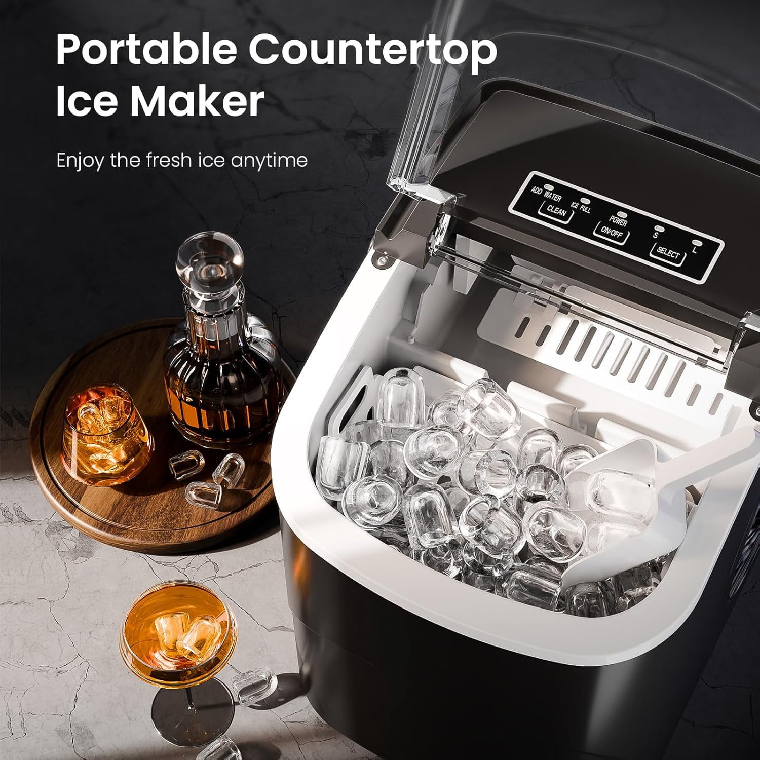 Moifoi Ice Makers with Handle,26.5Lbs/24H,9 Cubes in 6 Mins,2 Sizes of Bullet Ice,Portable Ice Machine with Self-Cleaning,Black - Image 8