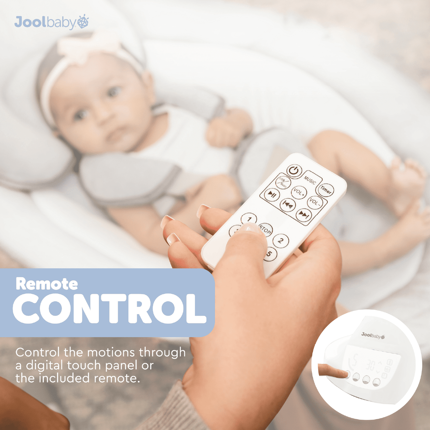 Jool Baby Nova Nature Baby Swing for Newborns – Electric Motorized Infant Swing with Bluetooth Music, Remote & Natural Wood Toys - Image 7