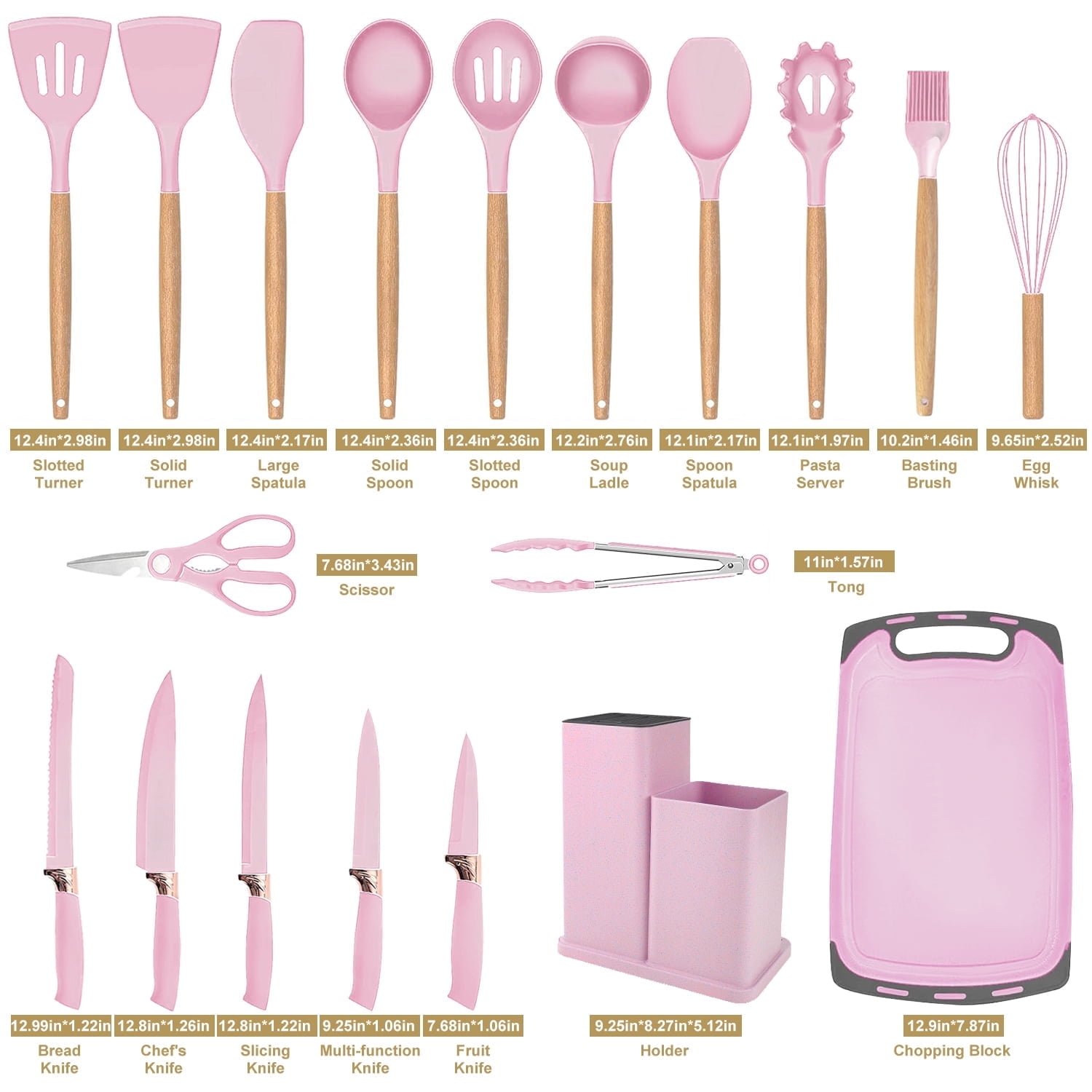 ACMETOP 19 Pieces Kitchen Utensils Set-11 Silicone Cooking Utensils Set, 6 Stainless Steel Sharp Knife set, 2 Cutting Board and Holder (Pink) - Image 2