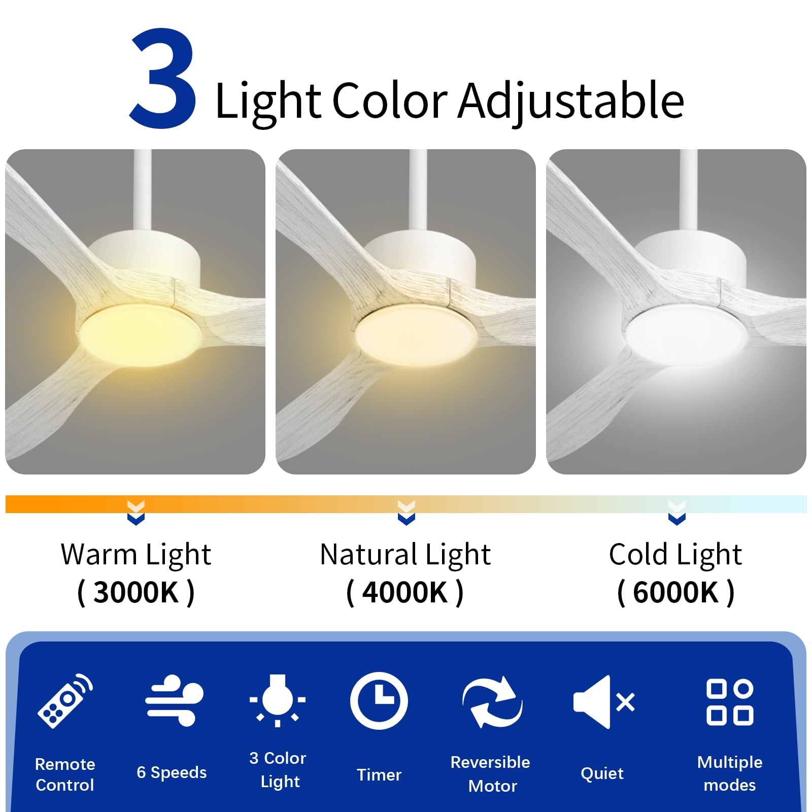 Wozzio 52 inch Ceiling Fan with Light and Remote,DC Motor,3CCT Dimmable LED Light,3 Grain White Wood Blades,Indoor & Outdoor - Image 6