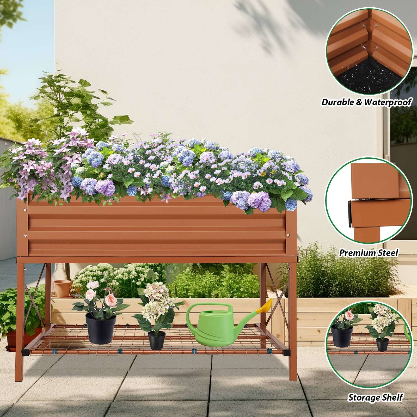 Farmdex Raised Garden Bed with Legs, Planter Box with Storage Shelf and Protective Liner, Outdoor Metal Elevated Garden Bed for Vegetables Flowers Backyard Garden- Brown - Image 3