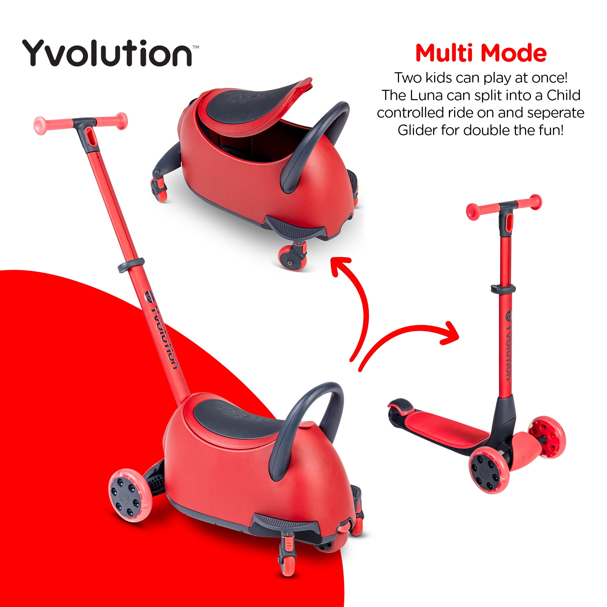 Yvolution Y Glider Luna, 3-in-1 Ride-on Toy to Kids Kick Scooter LED Light-up Wheels Red Unisex - Image 3
