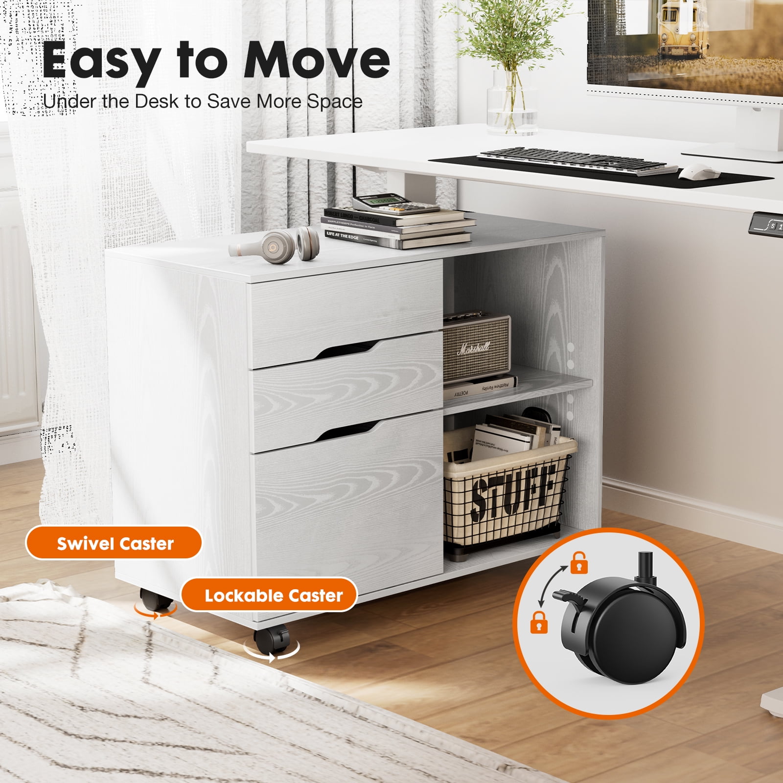 Edx Wooden 3 Drawer File Rolling Cabinet with Wheels, White - Image 7