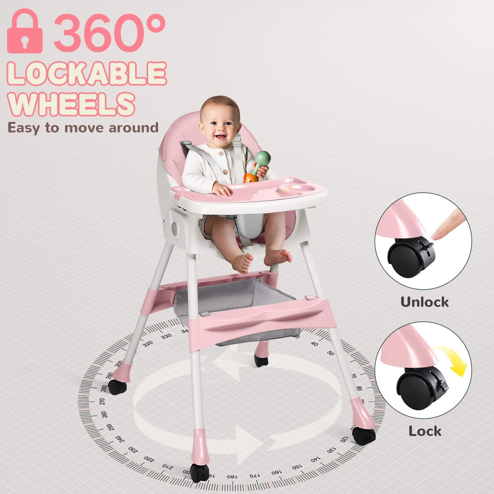 Ktaxon Baby High Chair, Convertible 6 in 1 High Chairs for Babies and Toddlers, Foldable Baby Highchair with 5-Point Safety Harness, Adjustable Dining Tray, Backrest & Height, Pink - Image 14