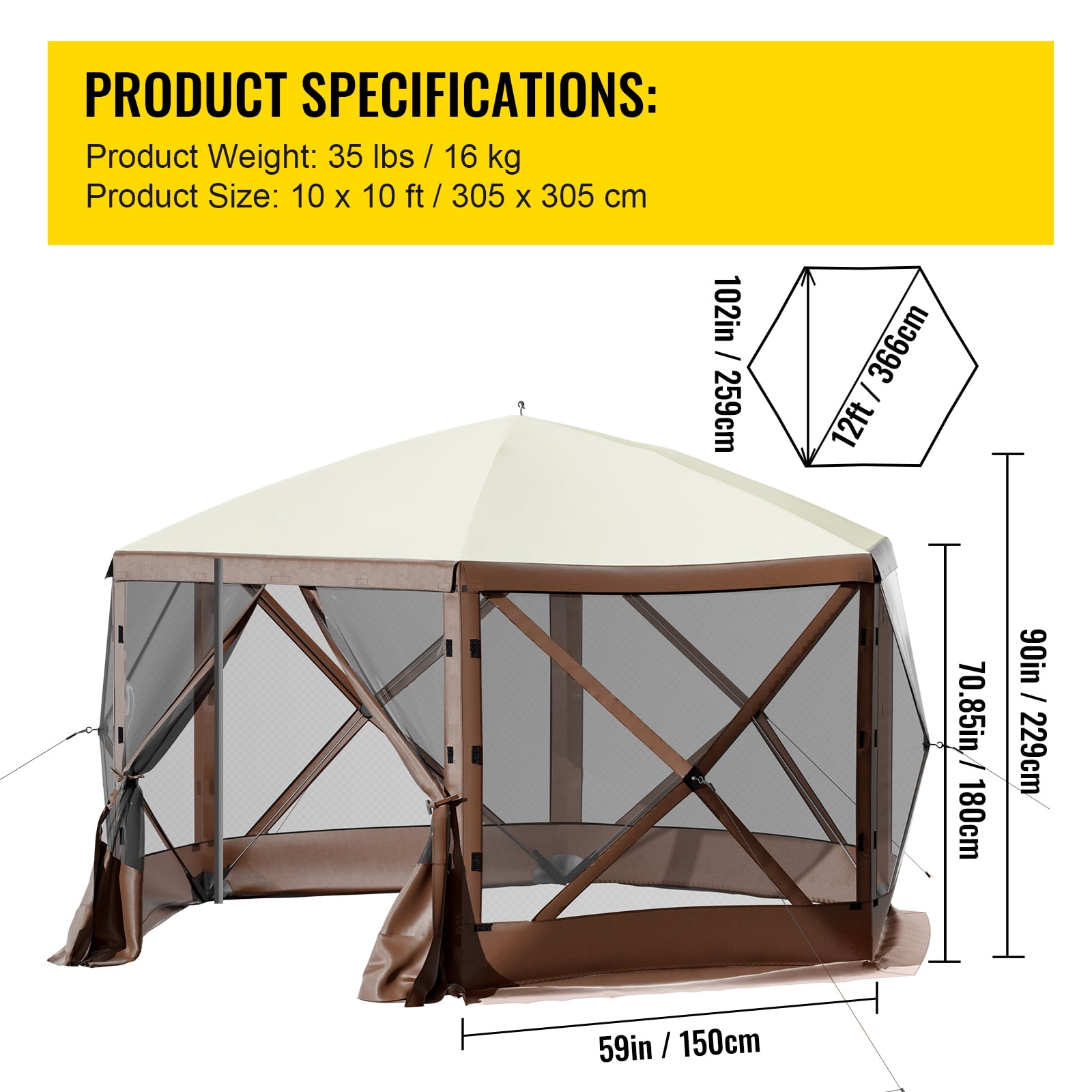 BENTISM 10'x10' Camping Gazebo Tent, 6 Sided Pop-up Canopy Screen Tent for 8 Person Camping, Waterproof Screen Shelter with Portable Storage Bag, Ground Stakes, Mesh Windows - Image 9