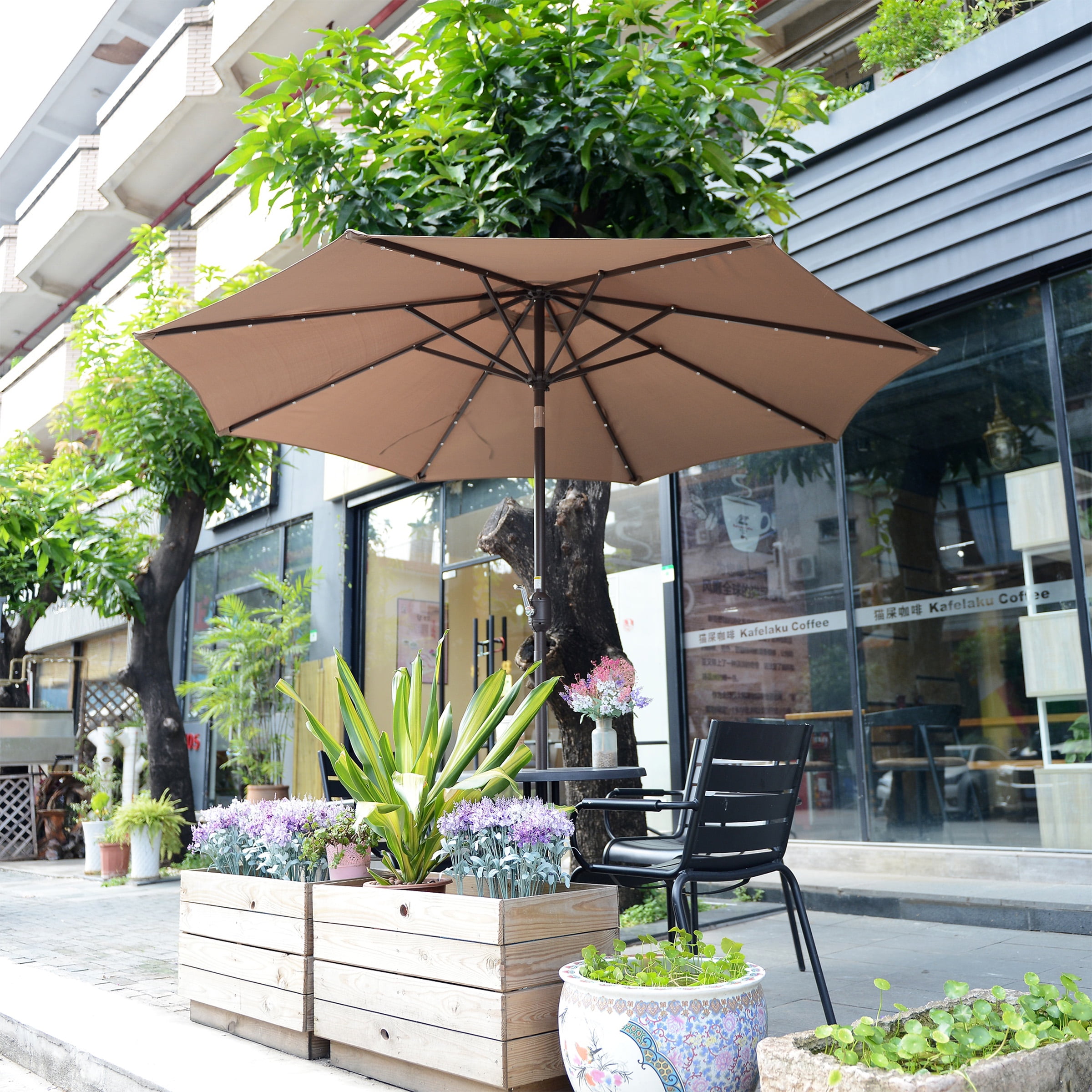 Villacera 9FT Outdoor Patio Umbrella with Solar Lights and Tilt, Brown - Image 4