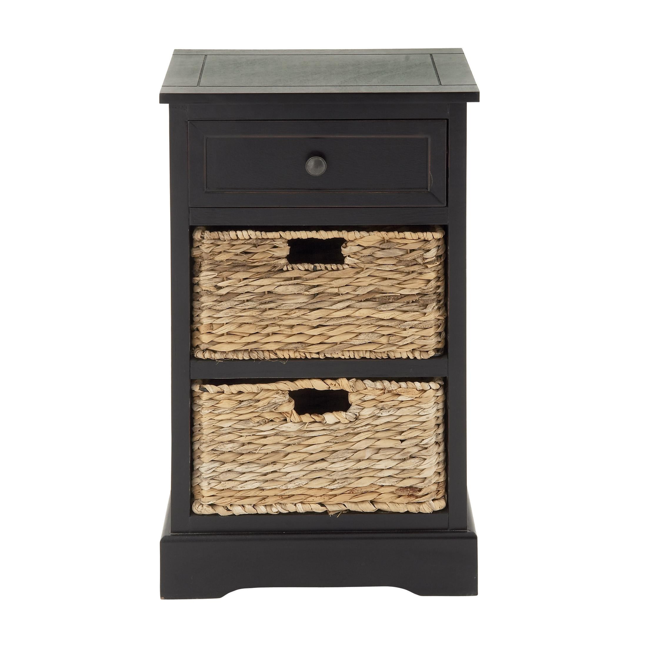 DecMode 16" x 28" Black Wood 1 Drawer Storage Unit with 2 Wicker Basket Drawers, 1-Piece - Image 8